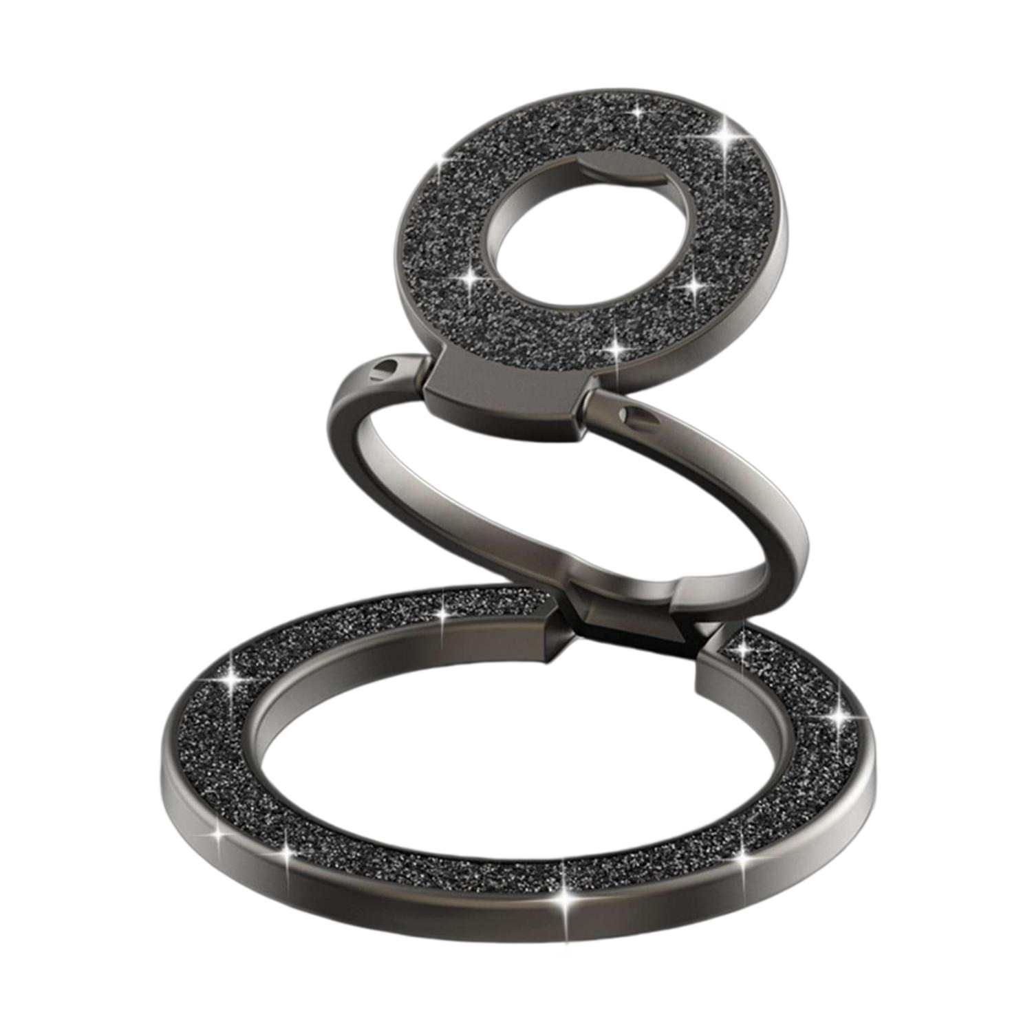 Ein glitzernder, ringförmiger Handyhalter in Dunkelgrau, auf weißem Hintergrund.