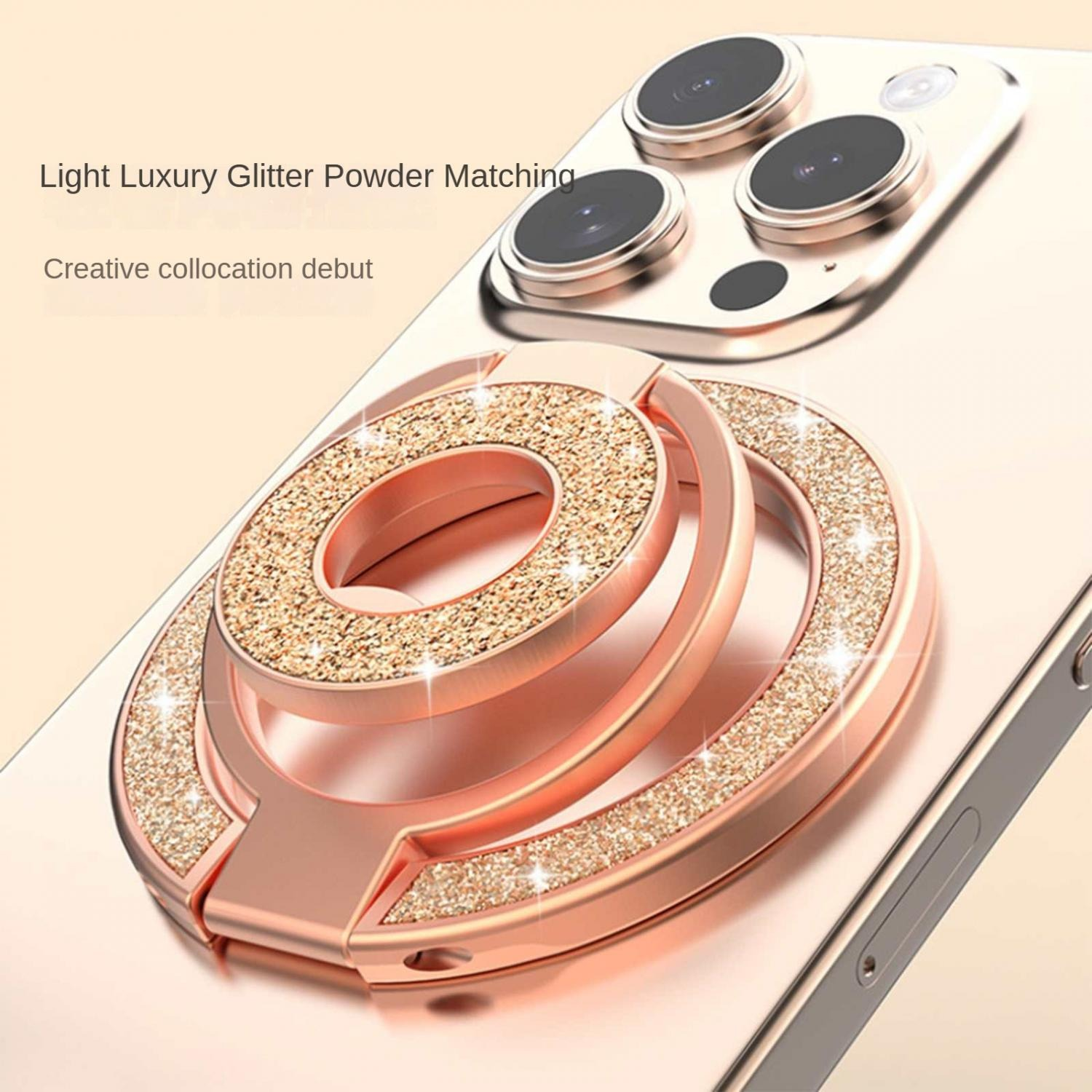 Roségoldene Handyhülle mit glitzerndem Ringhalter und Dreifachkamera.