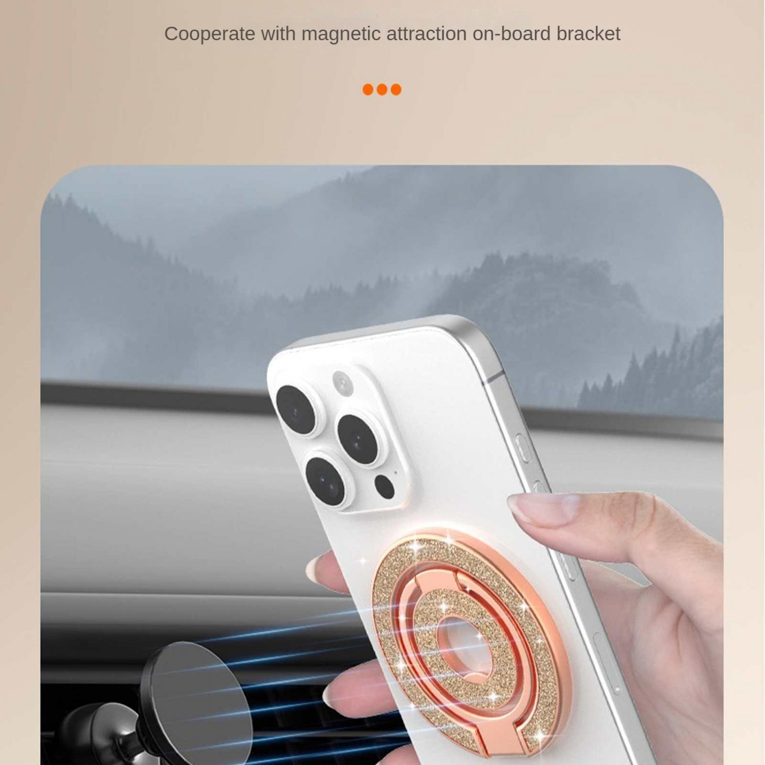 Hand hält weißes Handy mit roségoldenem Glitzerring, magnetische Autohalterung.