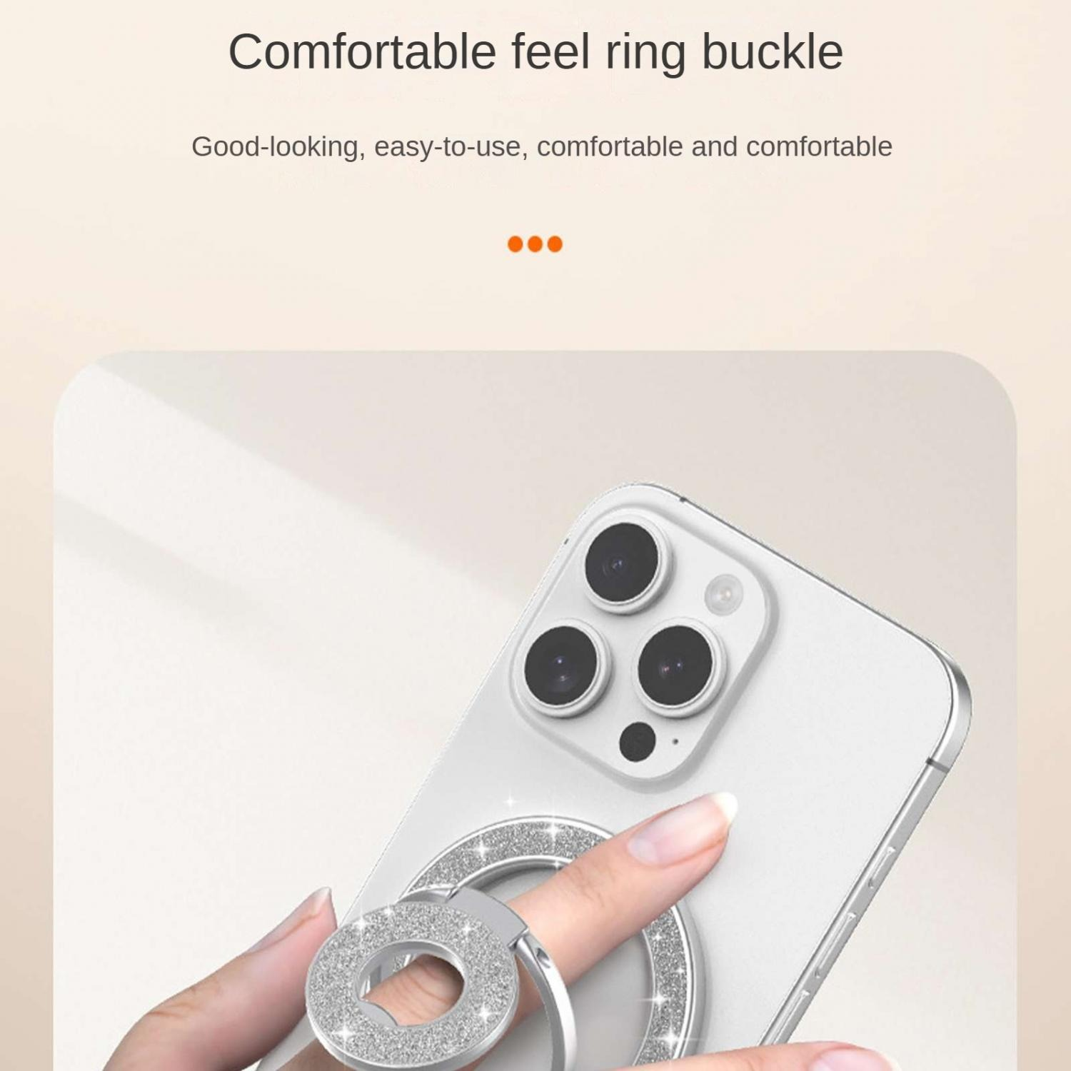 Eine Hand hält ein weißes Smartphone mit einem silbernen, glitzernden Ringhalter.
