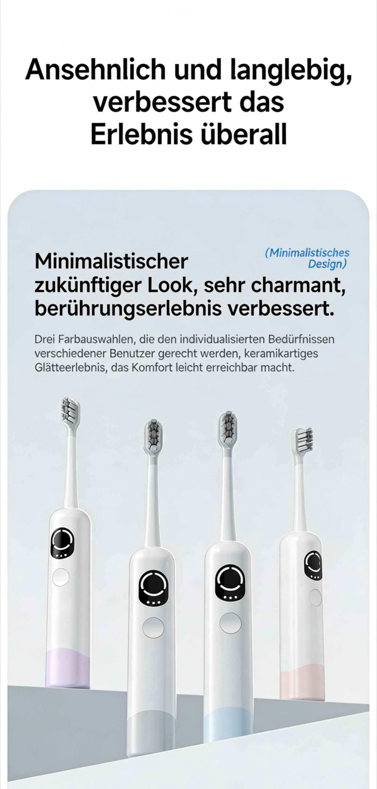 Vier weiße elektrische Zahnbürsten mit unterschiedlichen Farben am Griff.