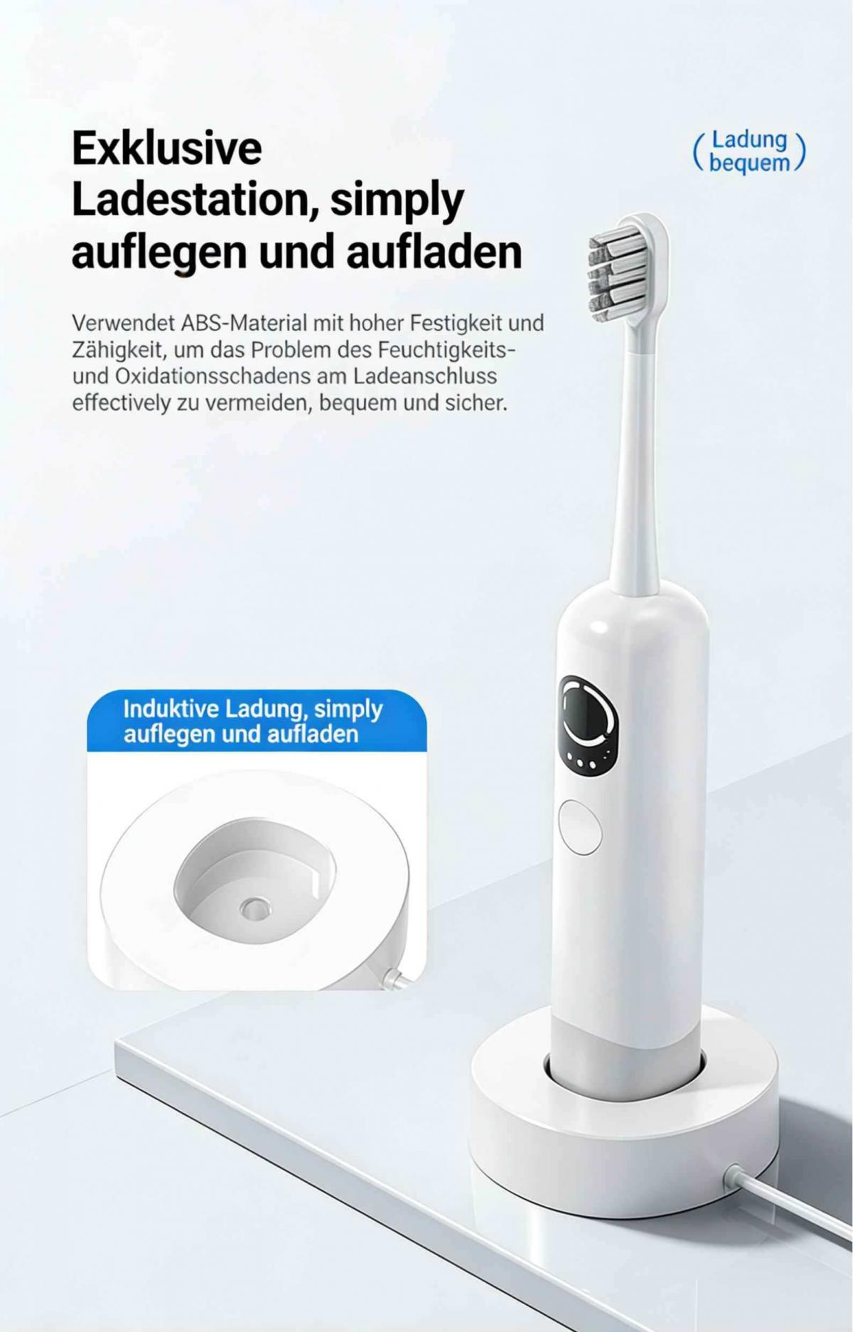 Weiße elektrische Zahnbürste auf Ladestation, mit Textanzeige.