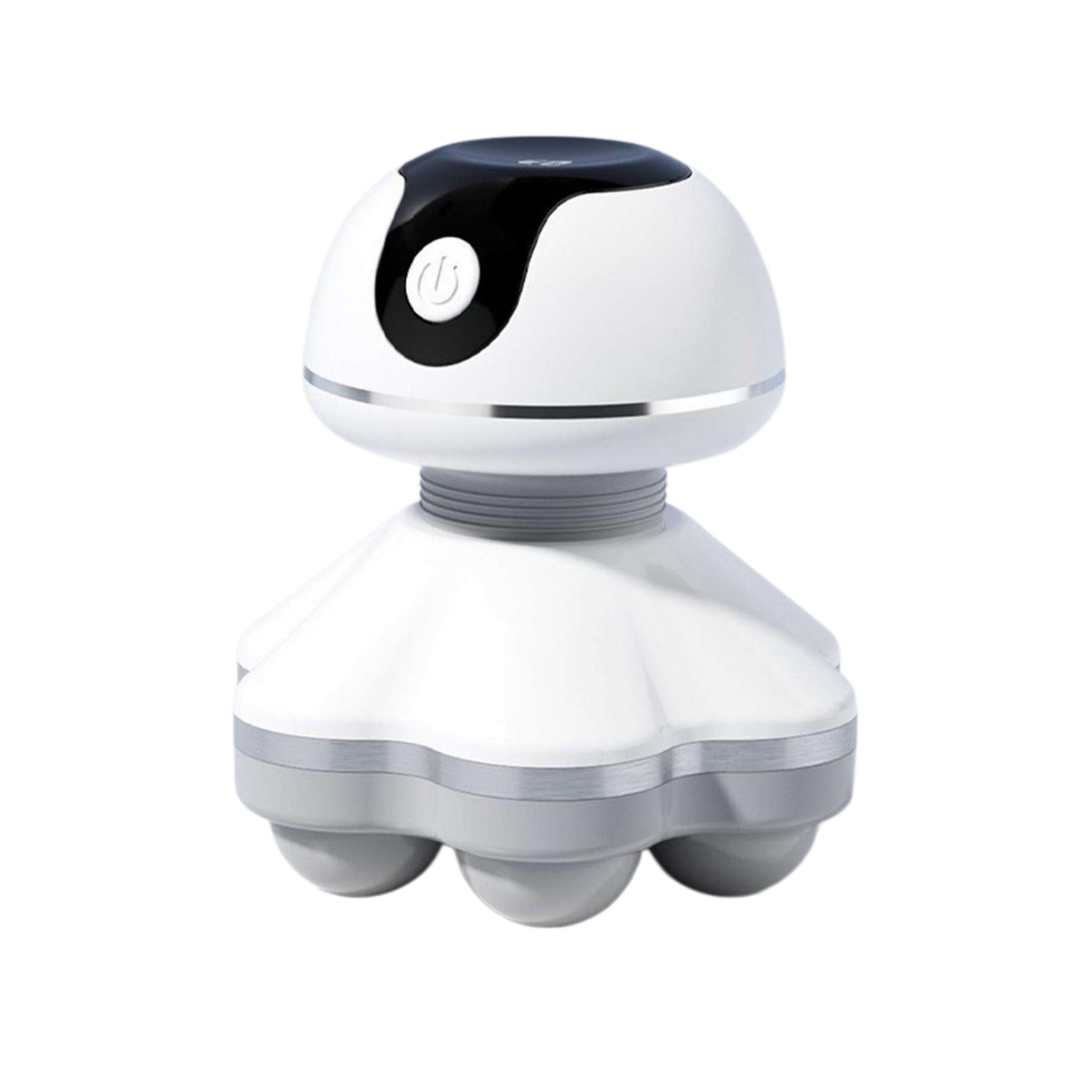 Ein weißer Massagegerät mit schwarzem Oberteil und einem Power-Button.