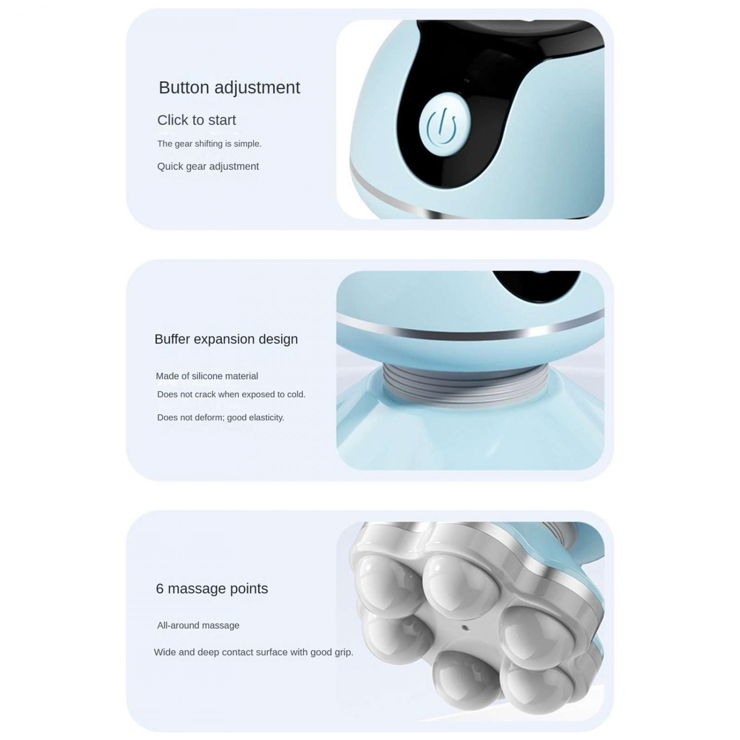 Ein blaues Massagegerät mit Knopfeinstellung, Pufferdesign und 6 Massagepunkten.