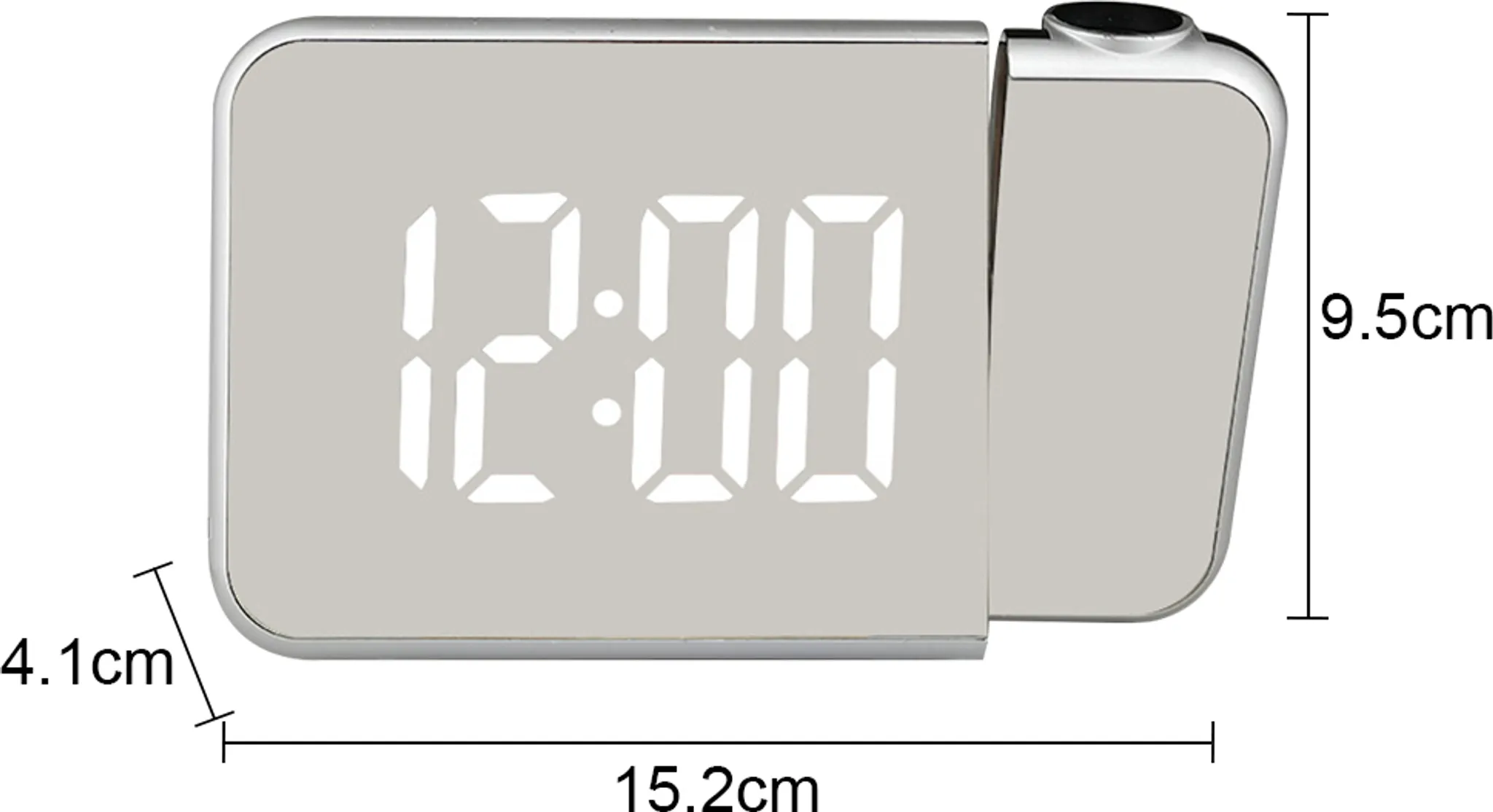 Silberner Projektionswecker zeigt 12:00. Maße: 15,2 cm x 9,5 cm x 4,1 cm.