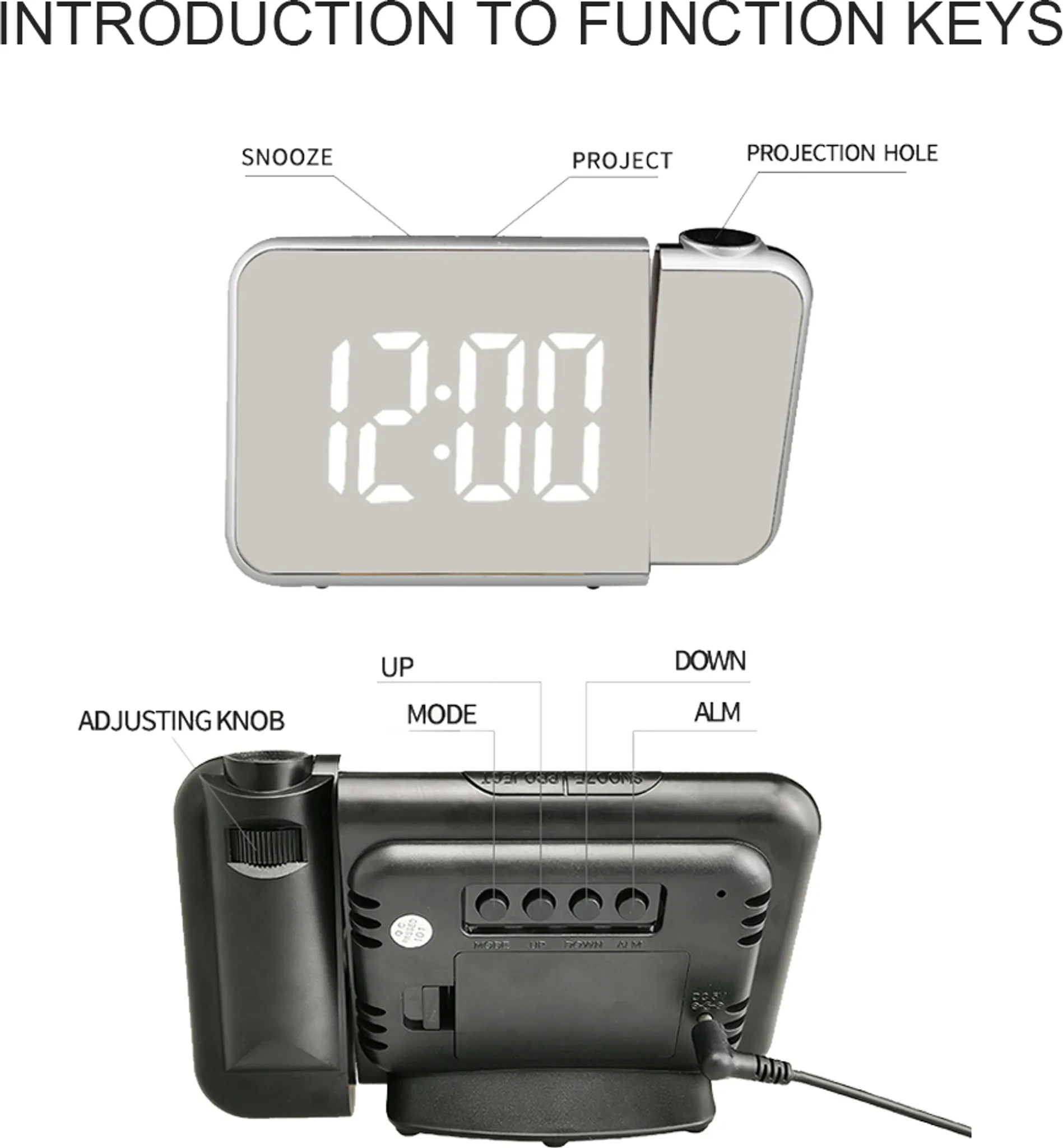 Digitaluhr mit Projektion und Bedienelementen: Snooze, Projekt, Loch, Knopf, Auf, Modus, Ab, Alarm.