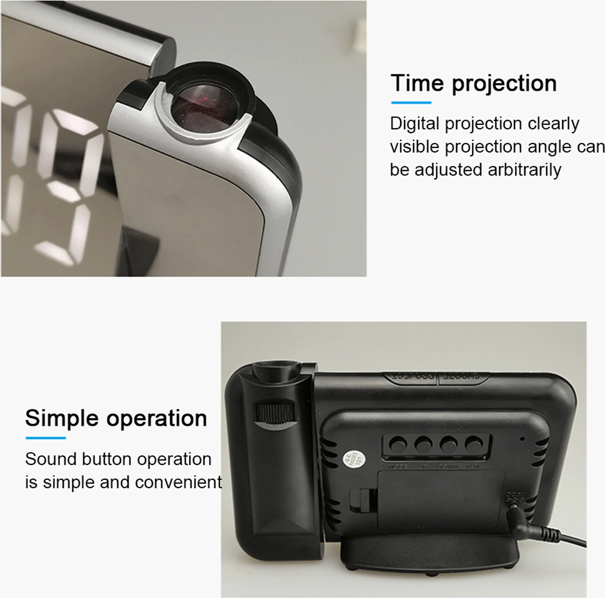 Silberne Digitaluhr mit Zeitprojektion und Tasten auf der Rückseite. Einfache Bedienung.