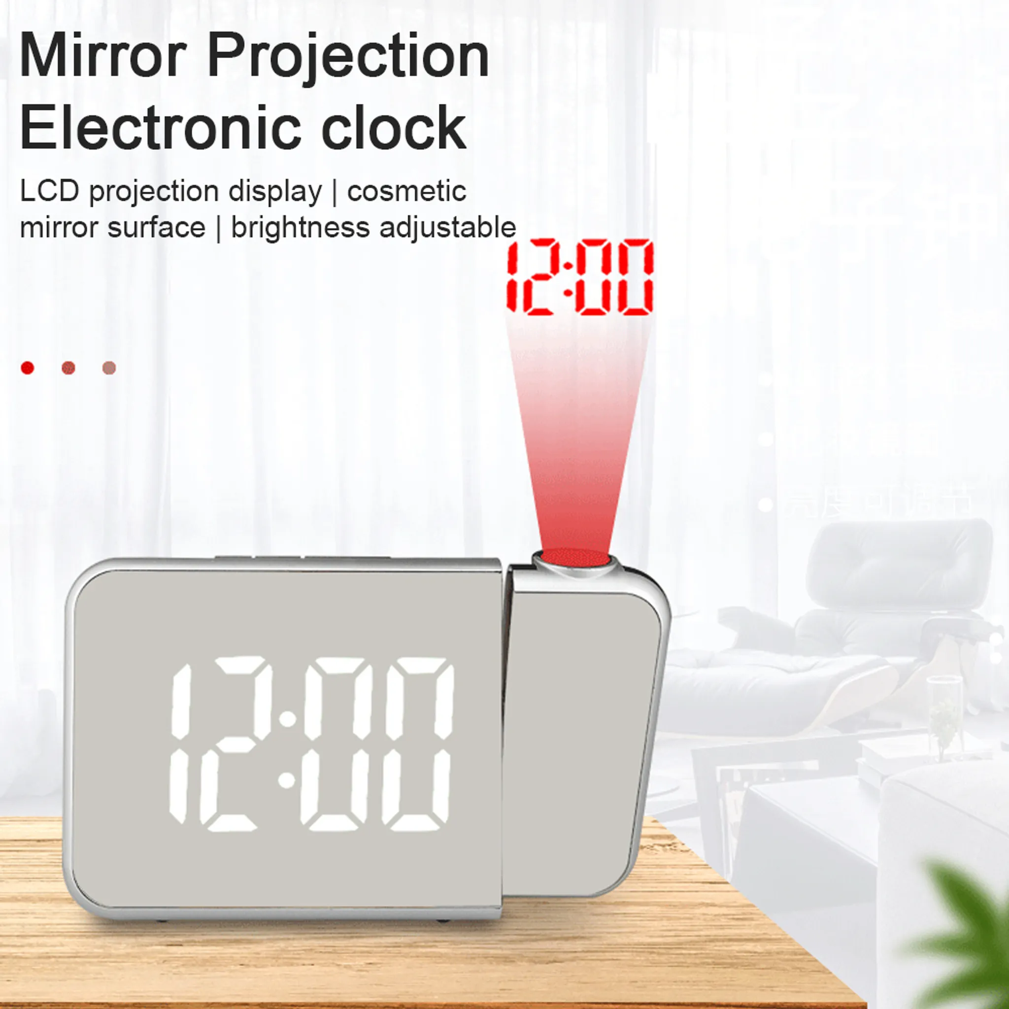 Eine digitale Projektionsuhr mit spiegelndem Display zeigt 12:00 an.