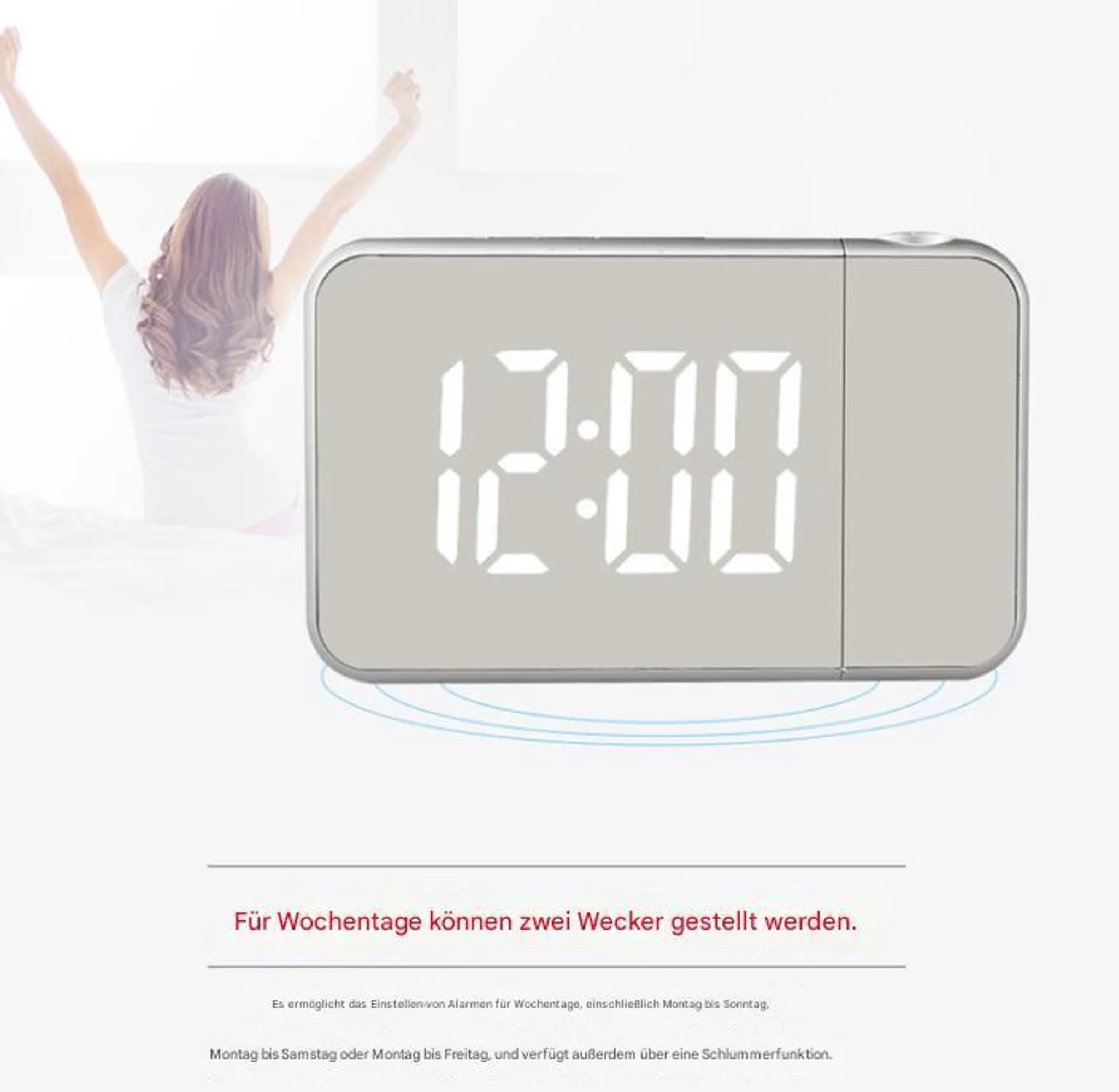 Frau streckt sich vor einem digitalen Wecker, der 12:00 anzeigt.