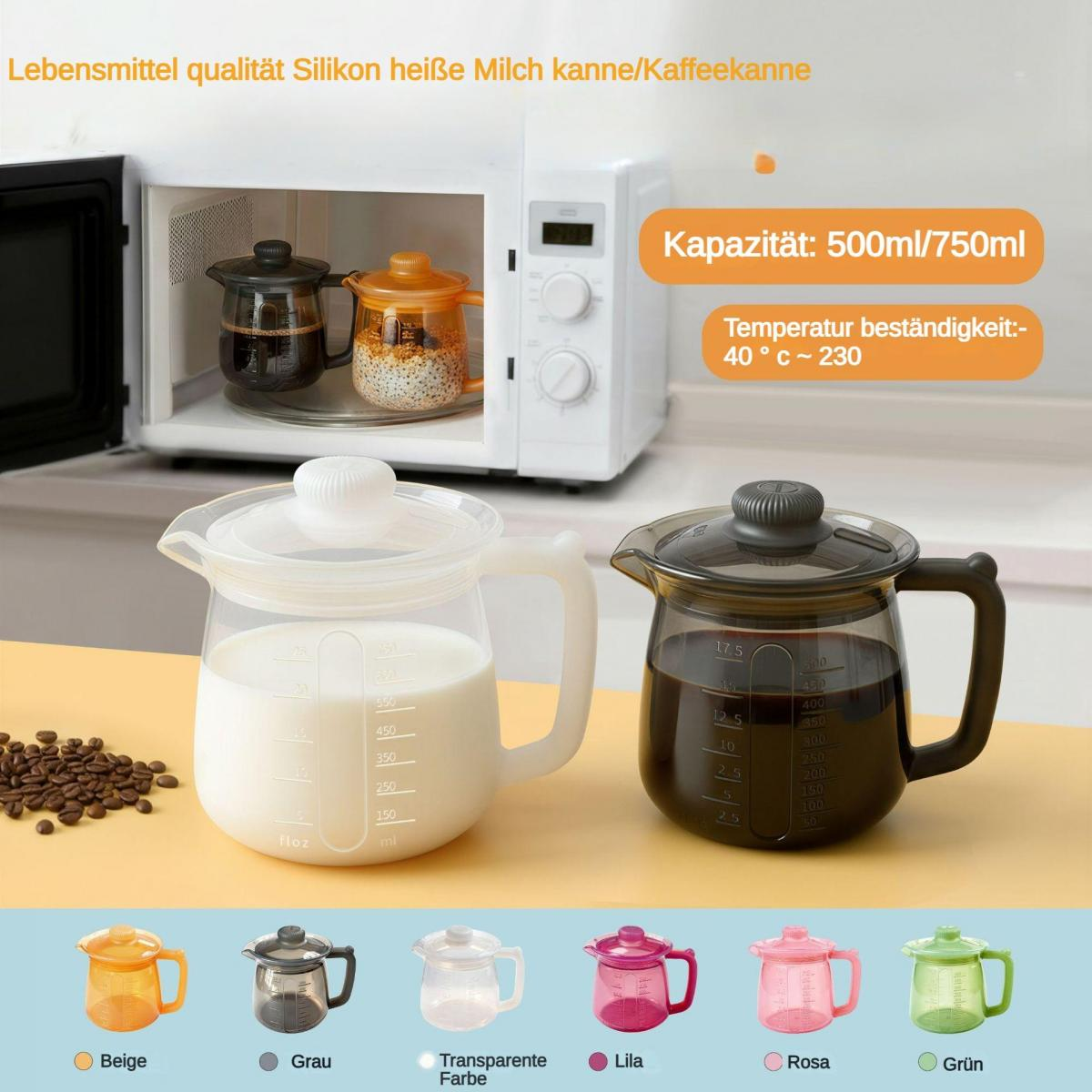 Milch- und Kaffeekannen in verschiedenen Farben, eine im Mikrowellenherd.