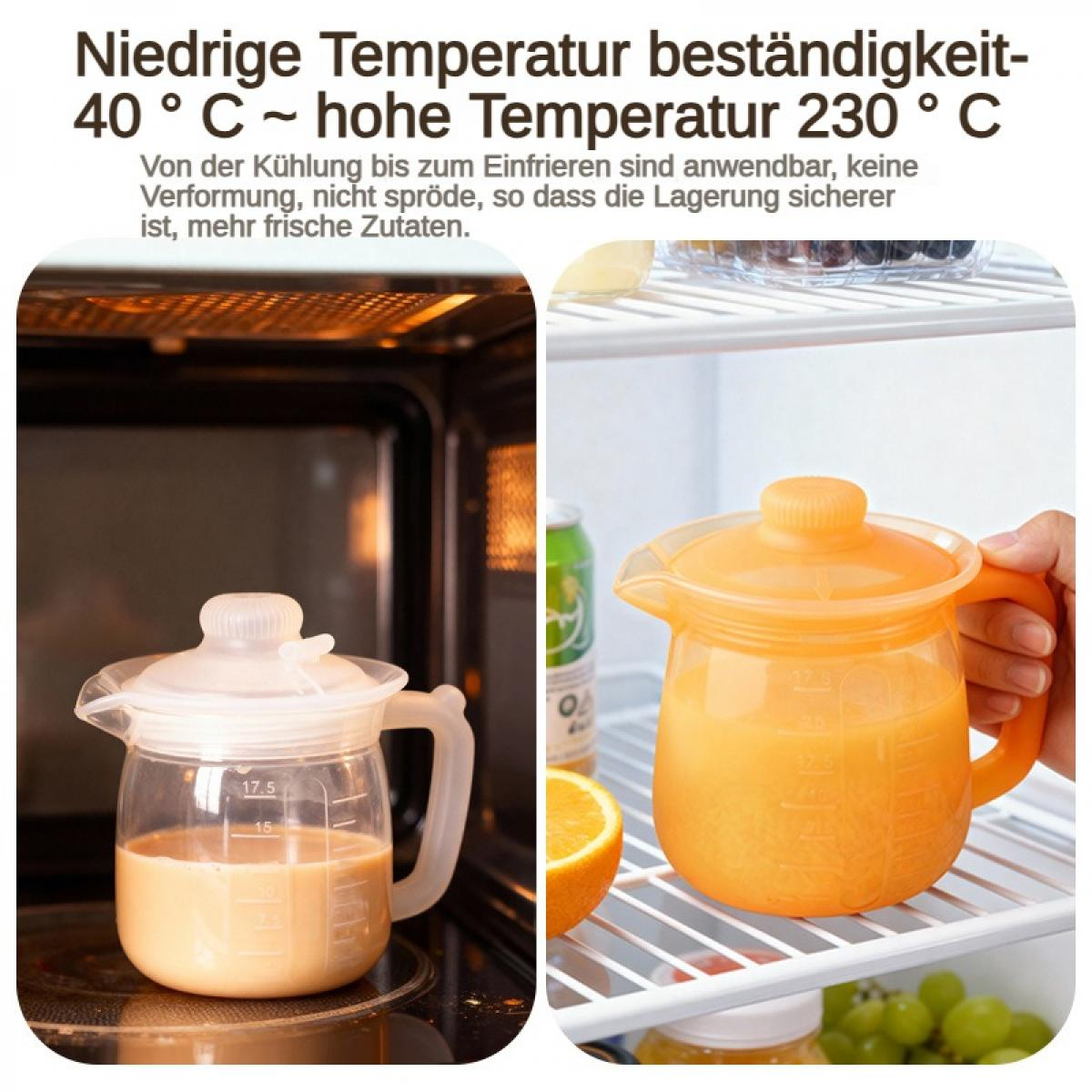 Behälter in Mikrowelle und Kühlschrank mit Flüssigkeiten und Früchten.