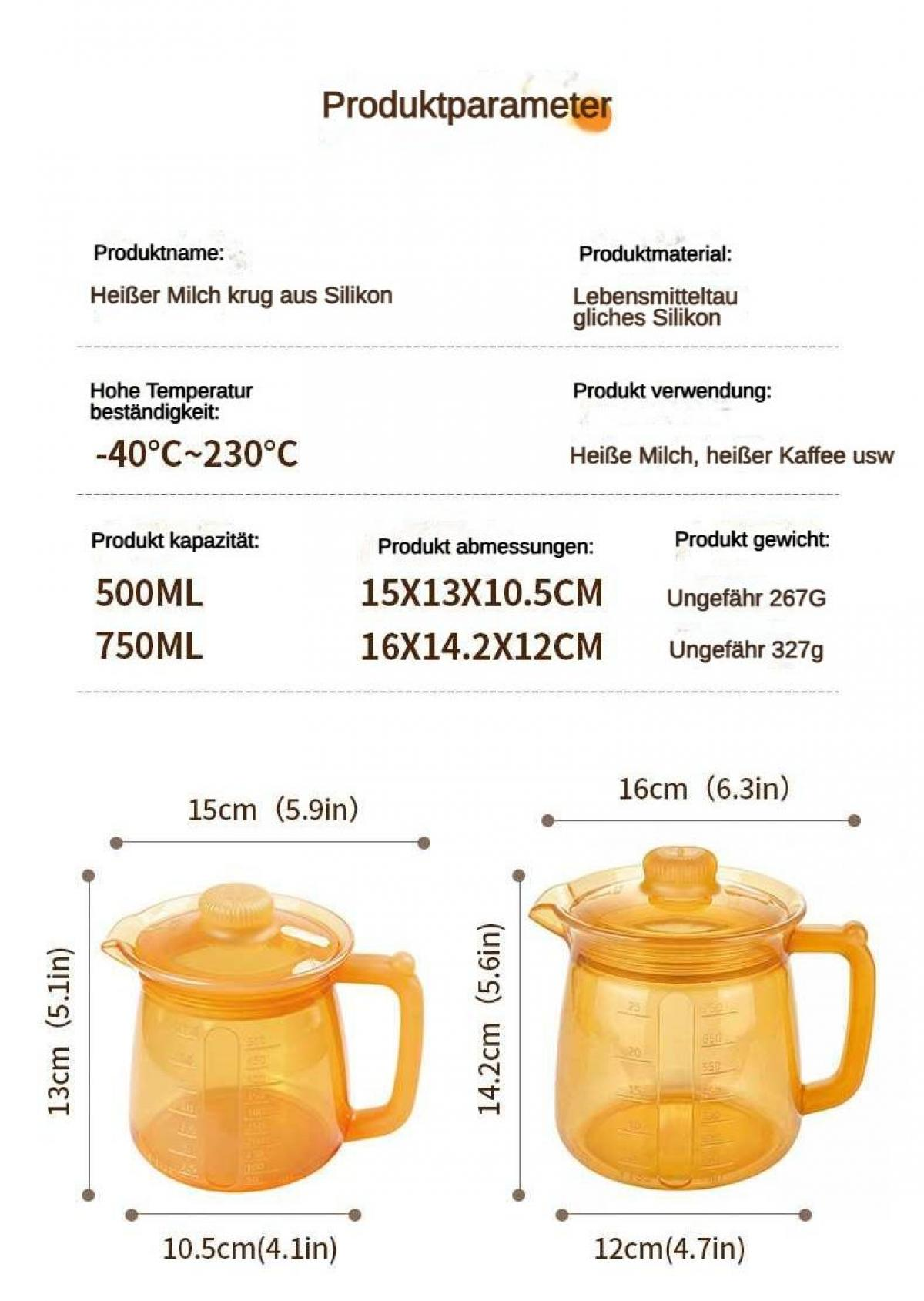 Zwei orangefarbene Silikonkannen mit Deckel, Maße und Kapazitäten sind angegeben.