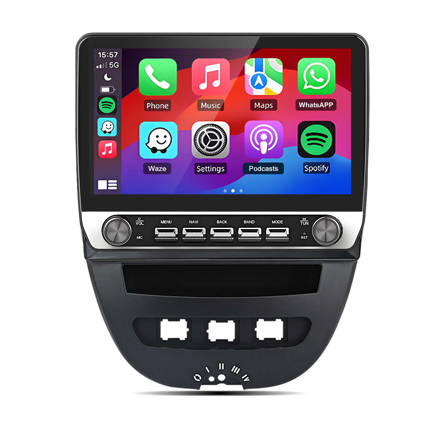 Auto-Infotainmentsystem-Bildschirm mit Apps wie Telefon, Musik, Karten, WhatsApp, Waze, Spotify.