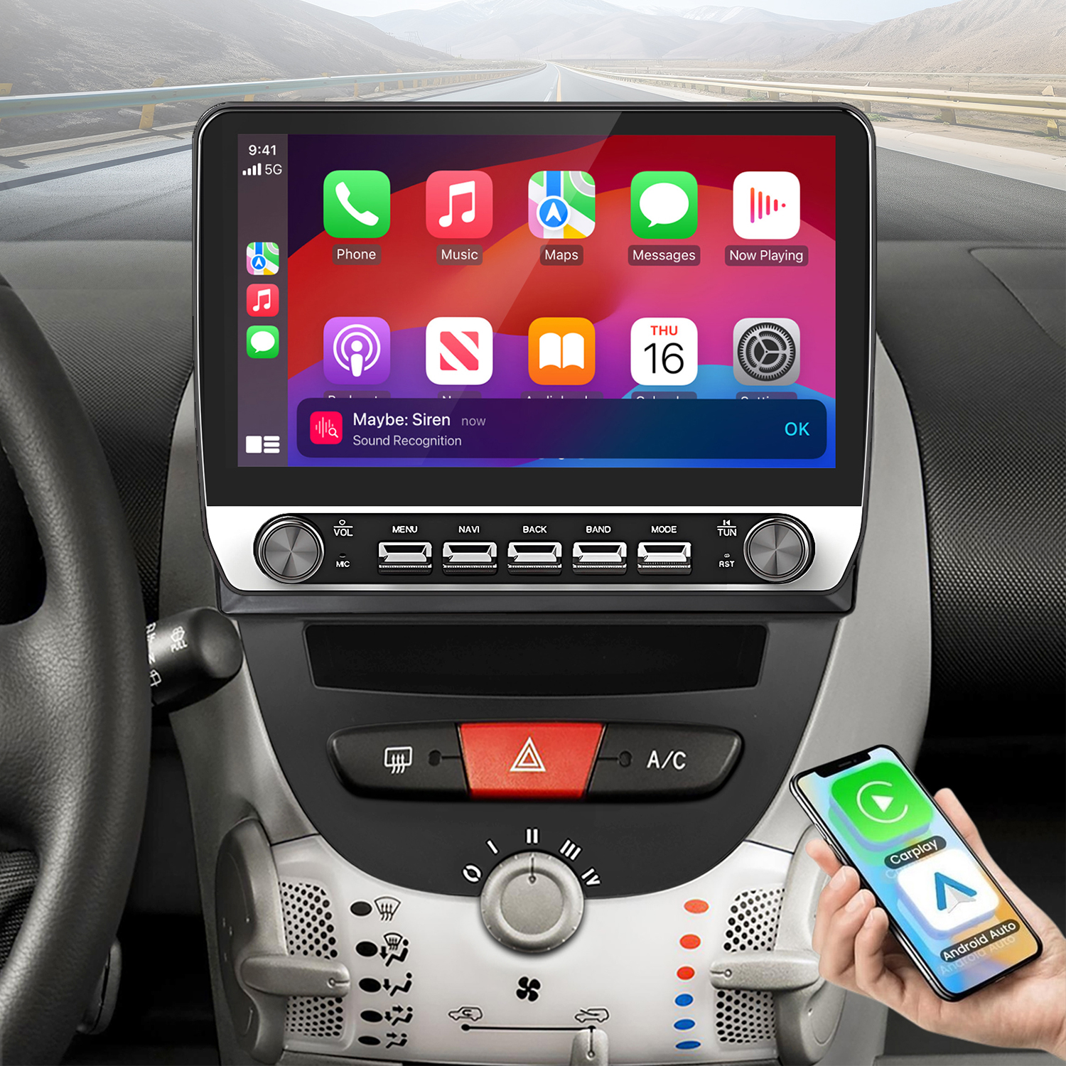Innenansicht eines Autos mit Touchscreen-Infotainment-System, das Apple CarPlay zeigt.