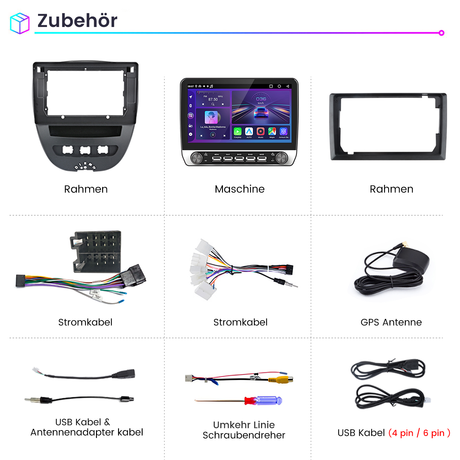 Ein Auto-Zubehör-Display mit Rahmen, Kabeln, Antenne und Schraubendrehern.
