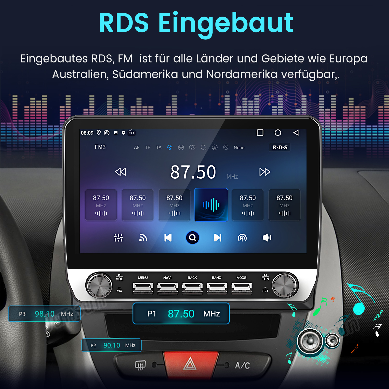 Ein Autoradio mit RDS-Funktion zeigt 87.50 MHz an. Voreinstellungen P1, P2, P3.