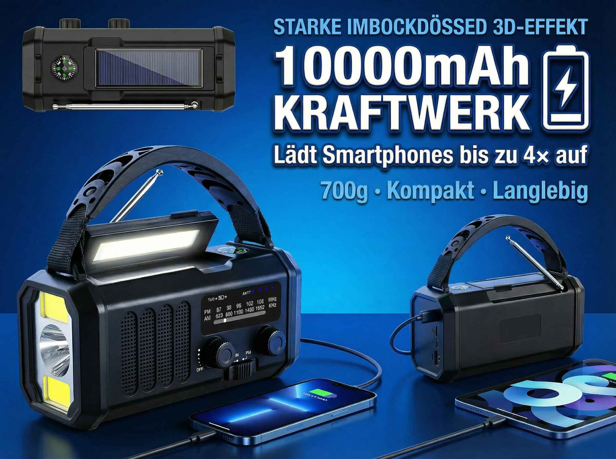 Schwarzes Multifunktionsgerät mit Solarmodul, Radio, Lampe und Ladefunktion. Lädt ein Smartphone.