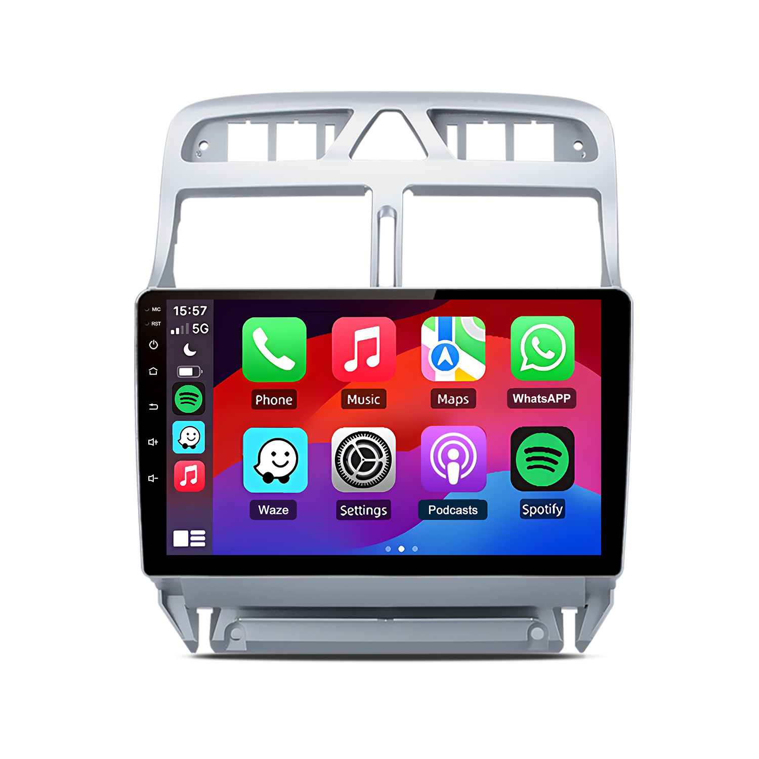 Ein Autoradio-Touchscreen mit App-Symbolen wie Telefon, Musik, Karten, WhatsApp, Waze, Einstellungen, Podcasts, Spotify.