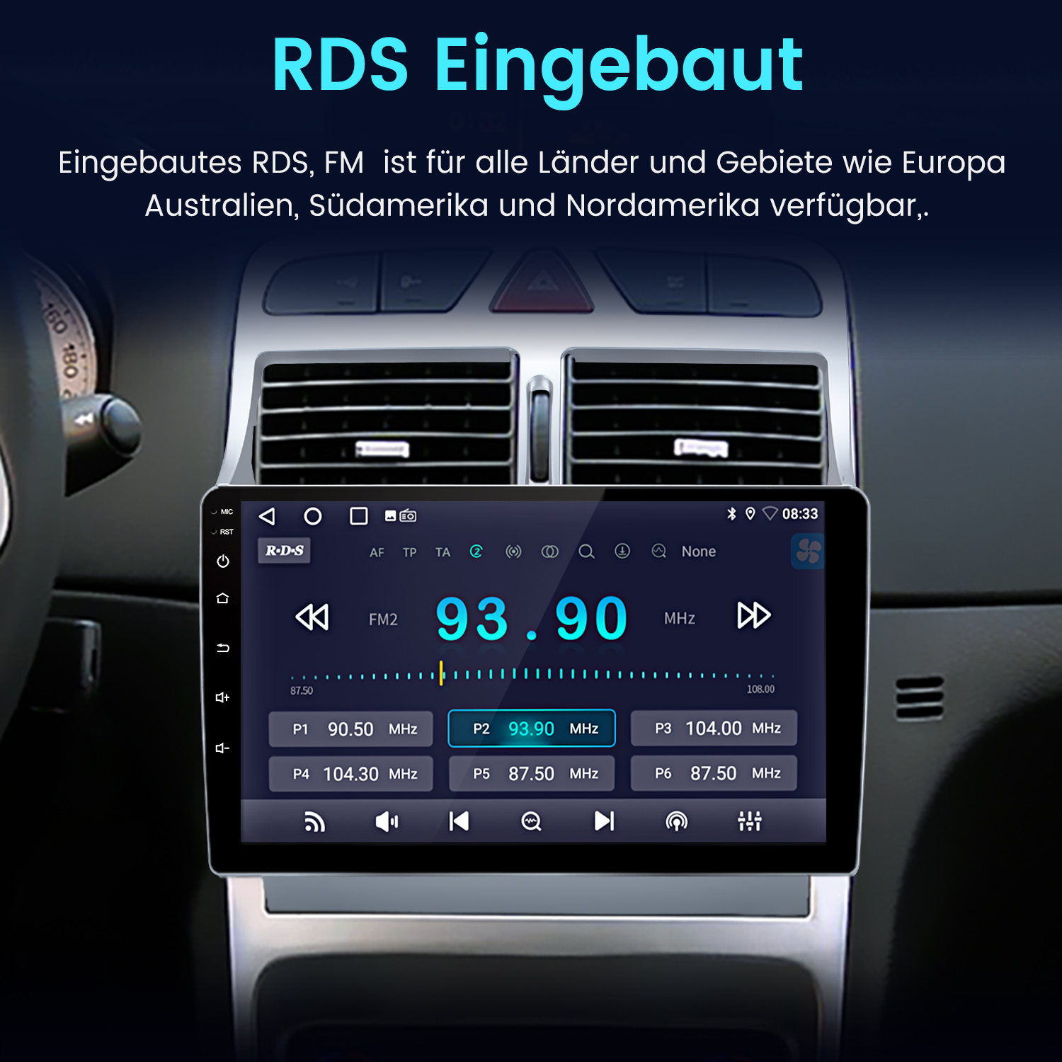 Einbau-RDS-FM-Radio im Auto mit 93.90 MHz Anzeige und Voreinstellungen.