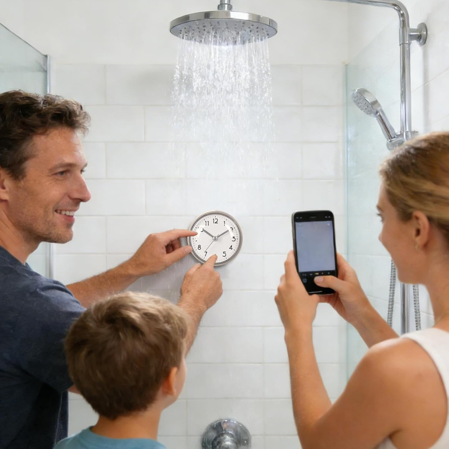 Mann stellt Uhr neben Dusche, Frau filmt mit Handy. Kind schaut zu.