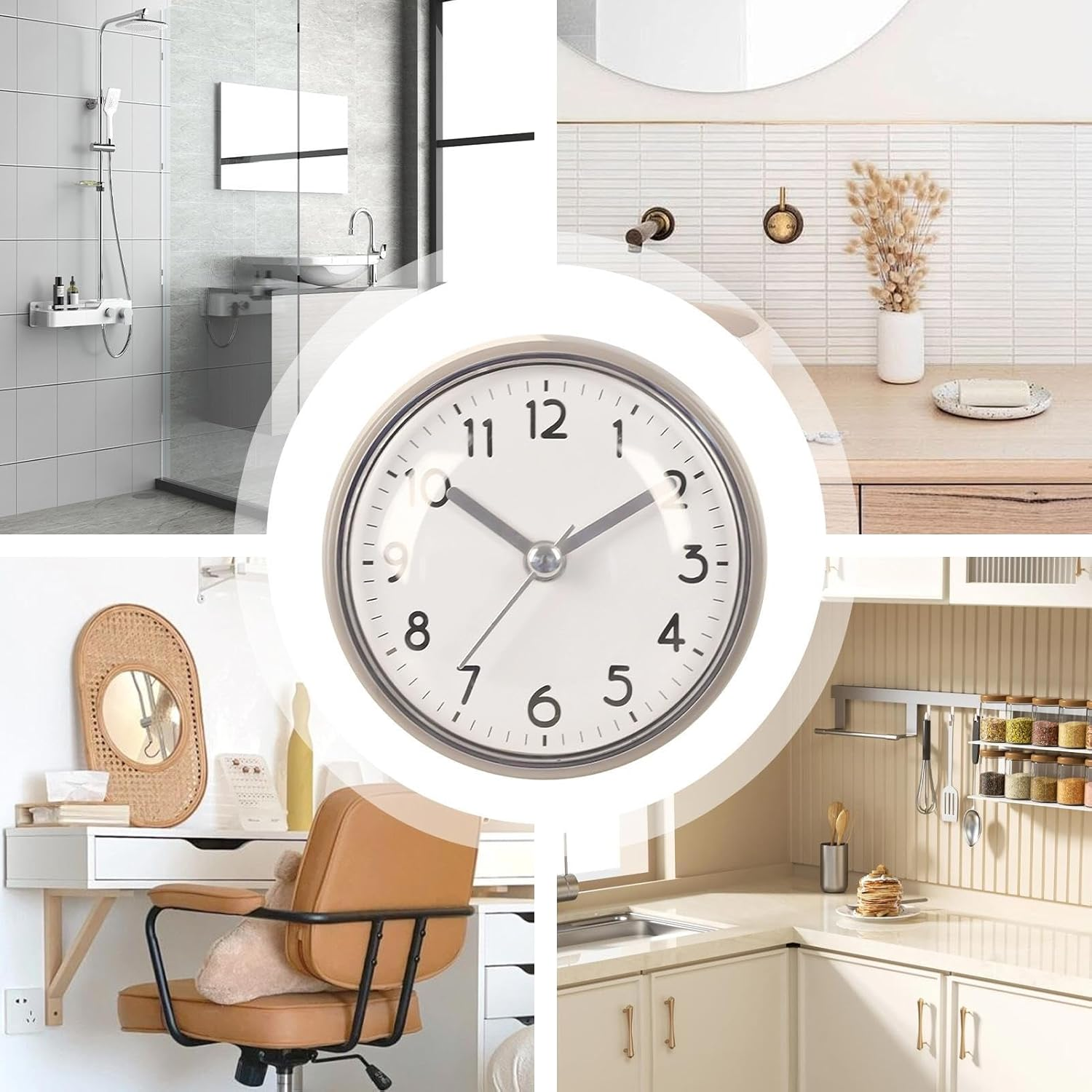 Collage aus Badezimmer, Schminktisch und Küche mit Uhr im Zentrum.
