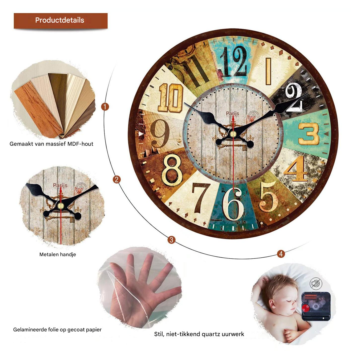Eine Wanduhr mit antikem Design, Holzmaterial, Metallzeigern und einem Quarzwerk.