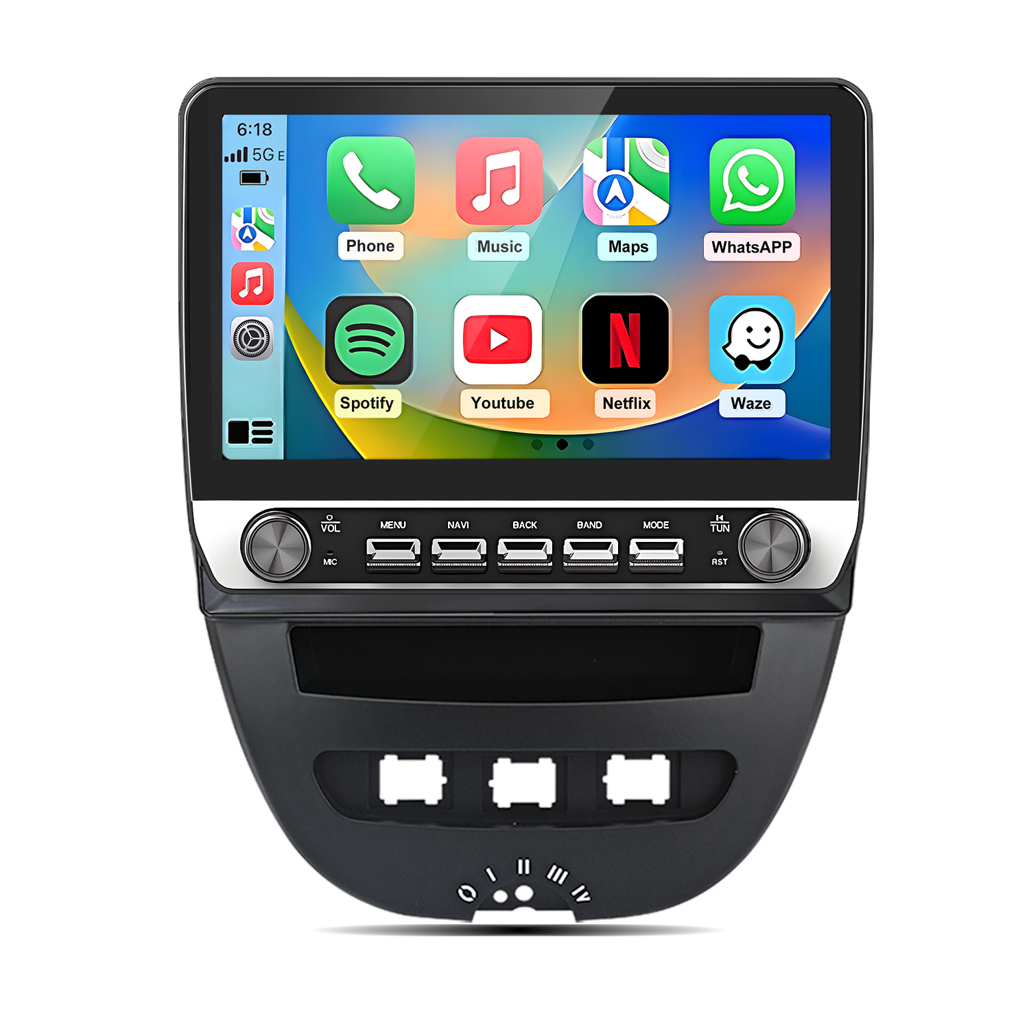 Infotainment-System-Bildschirm im Auto mit App-Symbolen: Telefon, Musik, Karten, WhatsApp, Spotify, YouTube, Netflix, Waze.