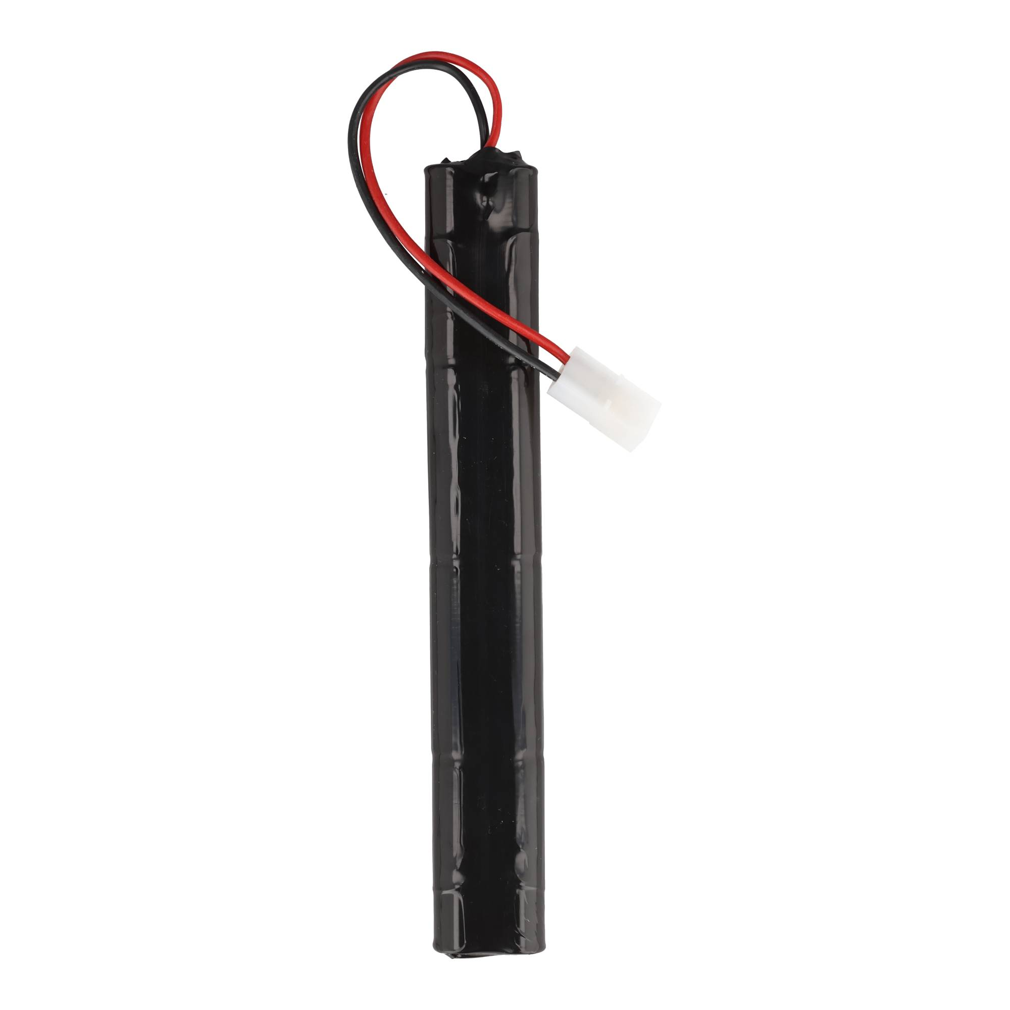 Schwarzer Akku mit roten und schwarzen Kabeln und weißem Stecker.