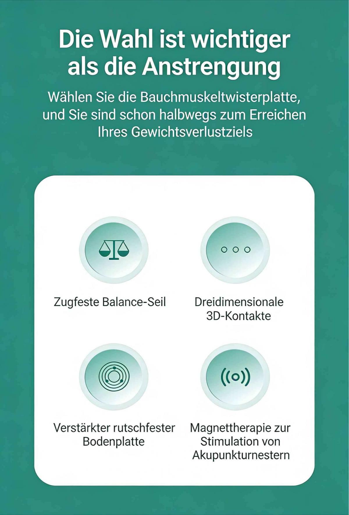 Bauchmuskeltwisterplatte mit 4 Funktionen: Zugseil, 3D-Kontakte, rutschfeste Basis, Magnettherapie.