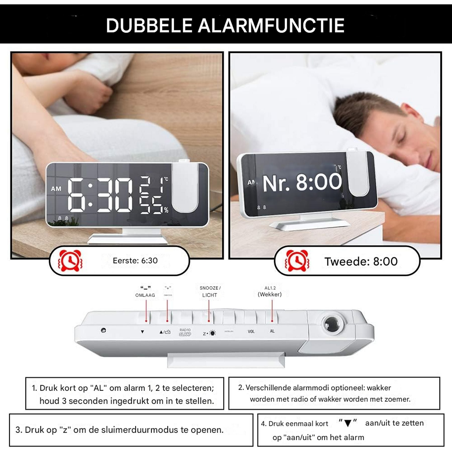 Digitaluhr mit Projektion: Alarm 1 um 6:30, Alarm 2 um 8:00.