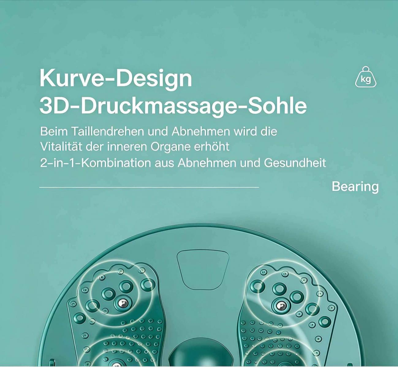 Türkisgrüner Massage-Stepper mit Text. Kurven-Design, 3D-Druckmassage-Sohle.