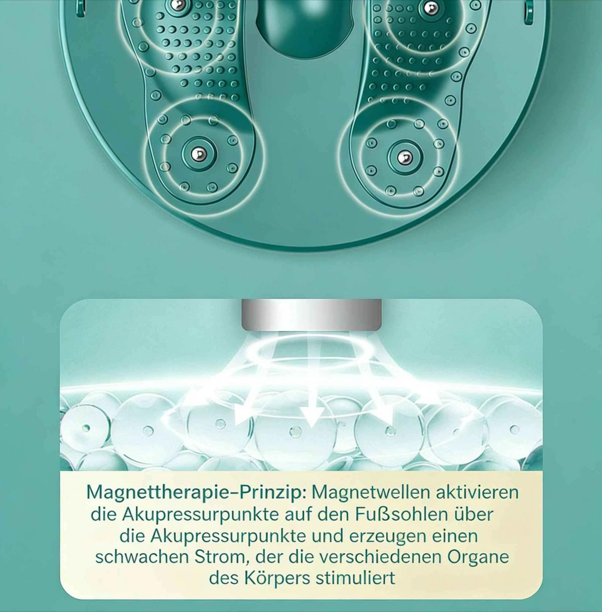 Türkis farbenes Massagegerät für Füße mit Akupressurpunkten und Magnetwellen-Prinzip.
