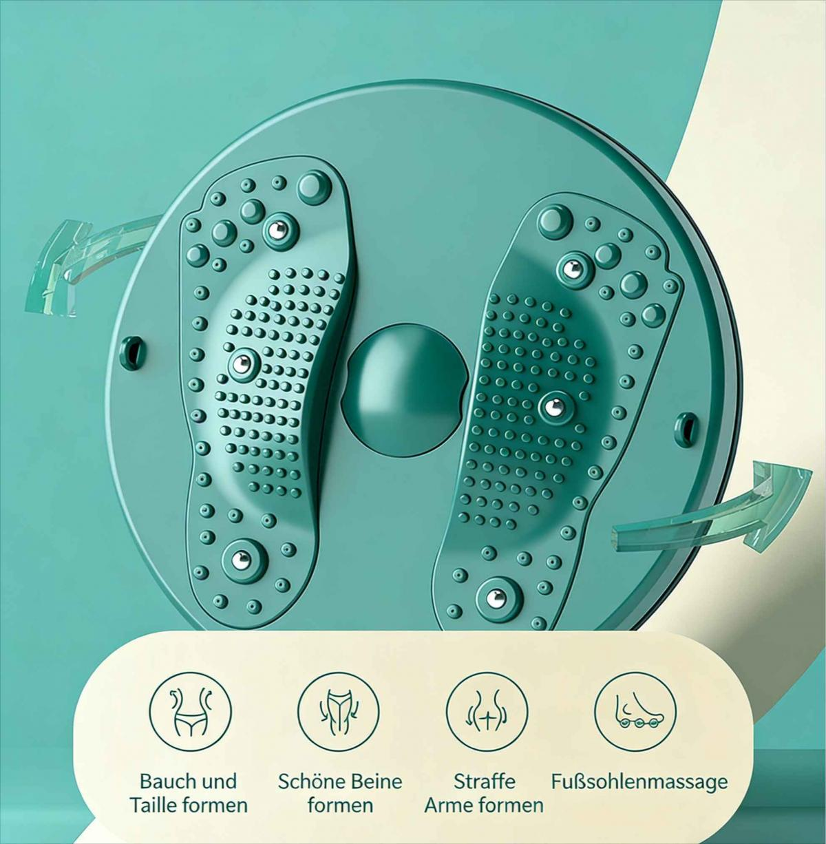 Grünes Dreh-Fitnessgerät mit Fußabdruck-Oberfläche und Symbolen für Bauch, Beine, Arme und Fußmassage.
