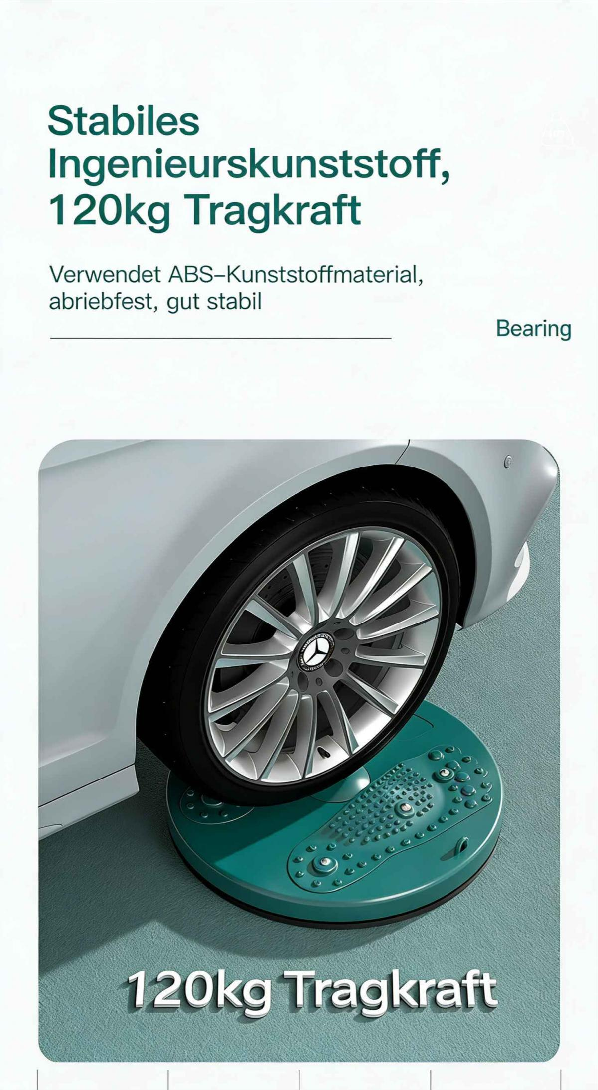 Ein Auto-Rad steht auf einer grünen Plattform mit Noppen. Max. Tragkraft 120kg.