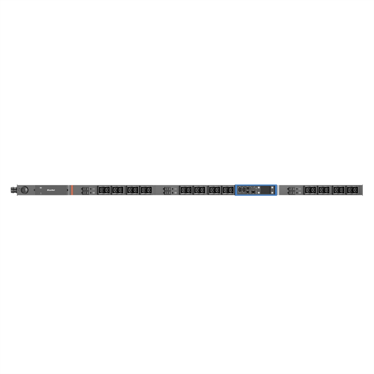 Graues Rack-Gerät mit vielen Steckdosen und einem blauen Steuerelement.