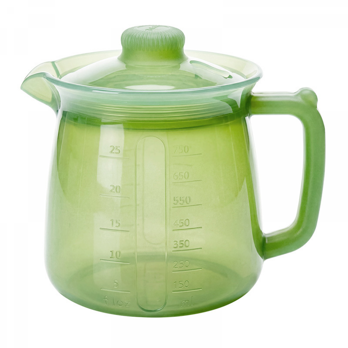Grüner Messbecher mit Henkel und Deckel auf weißem Hintergrund.