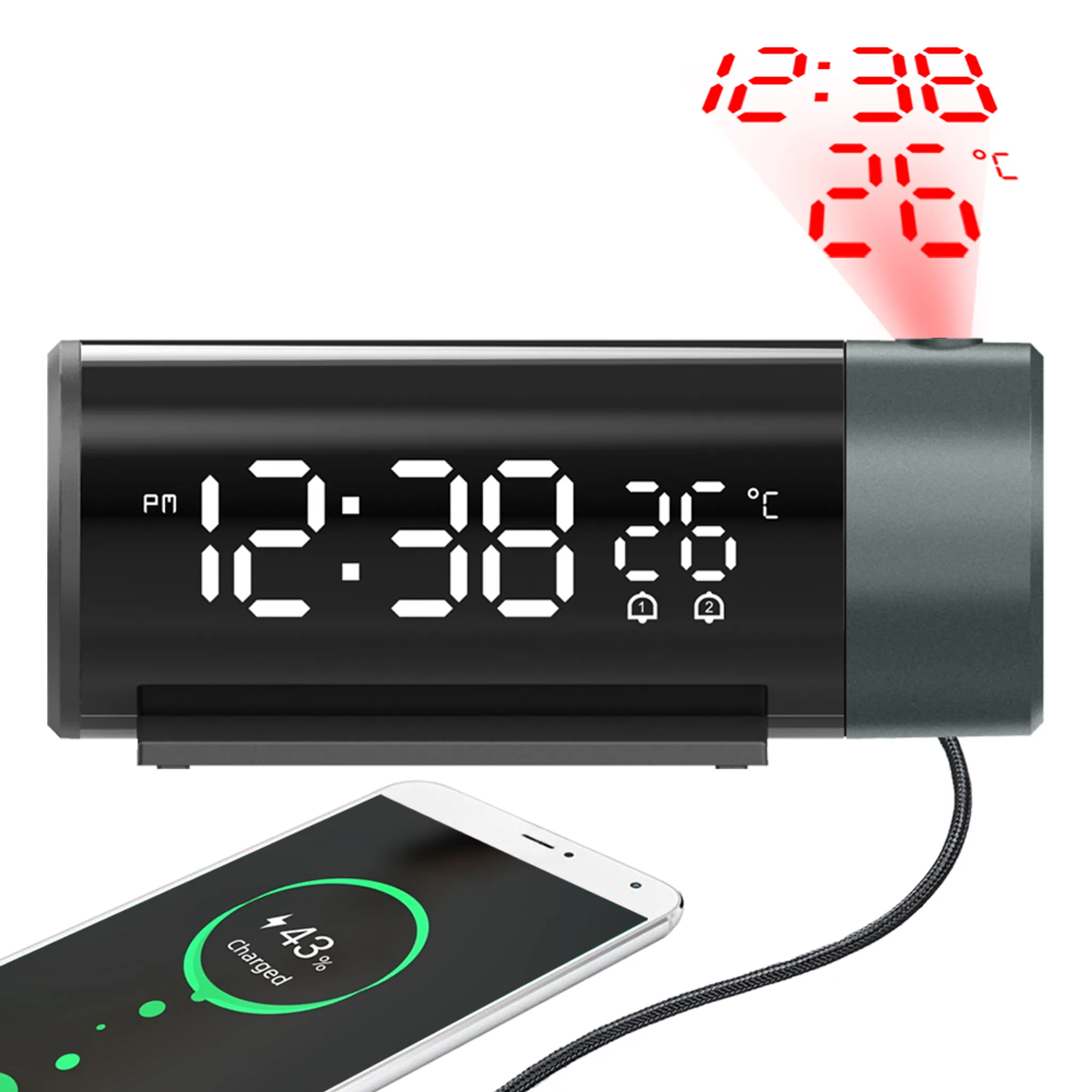 Ein Digitalwecker zeigt 12:38 Uhr und 26°C an. Ein Handy zeigt 43% geladen.