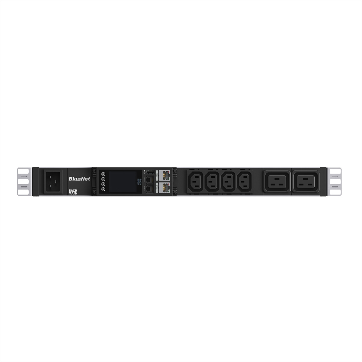 Ein schwarzes Rack-Gerät mit Anschlüssen und LEDs. Es hat eine Steckdose und mehrere Buchsen.