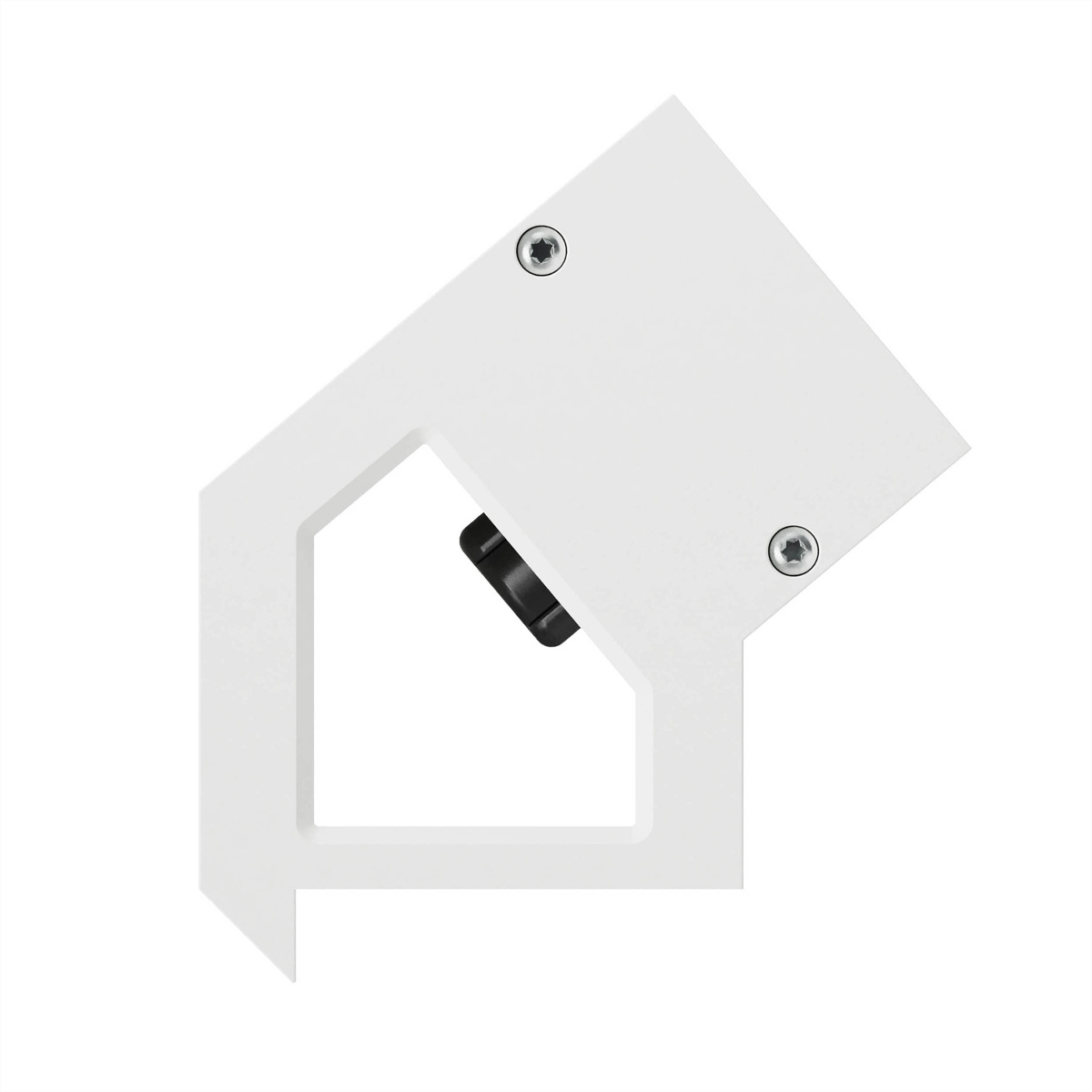 Ein weißes, winkelförmiges Bauteil mit zwei Schrauben und einem schwarzen Verstellknopf.