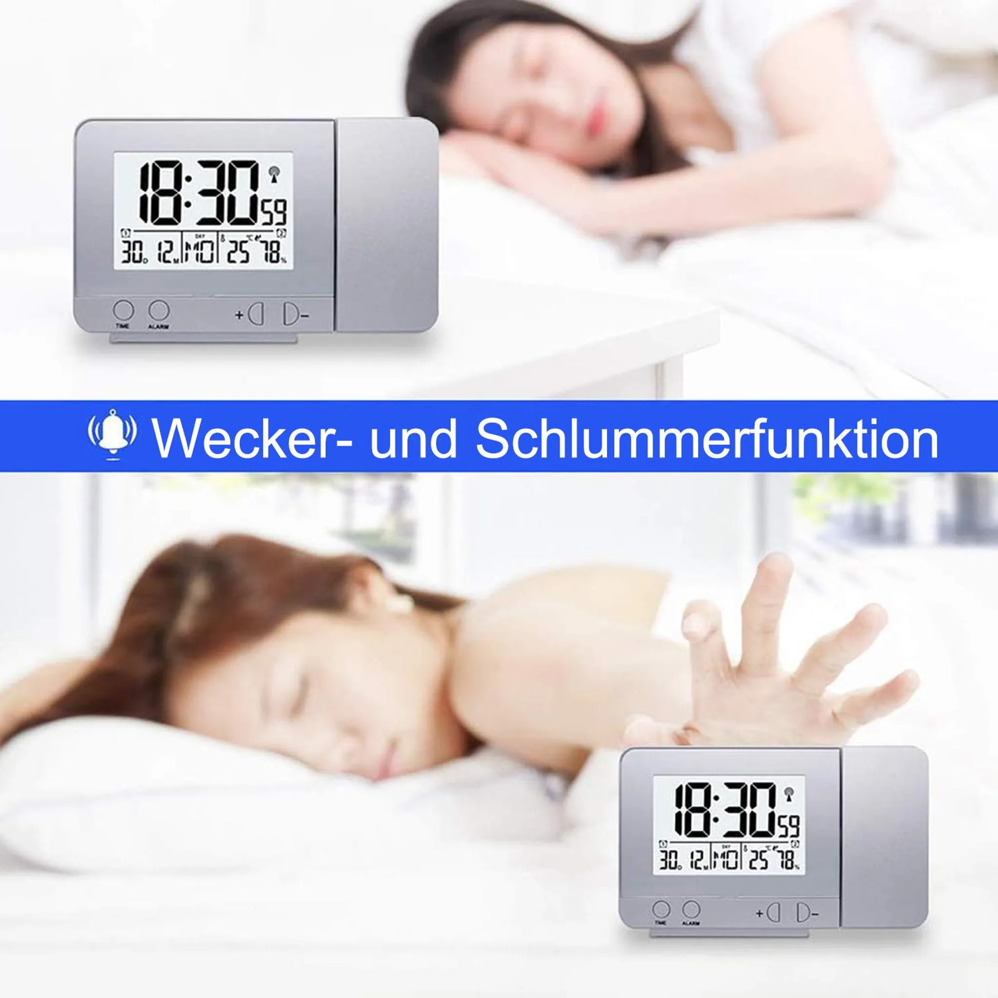 Ein Digitalwecker zeigt 18:30 an, daneben schläft eine Frau.