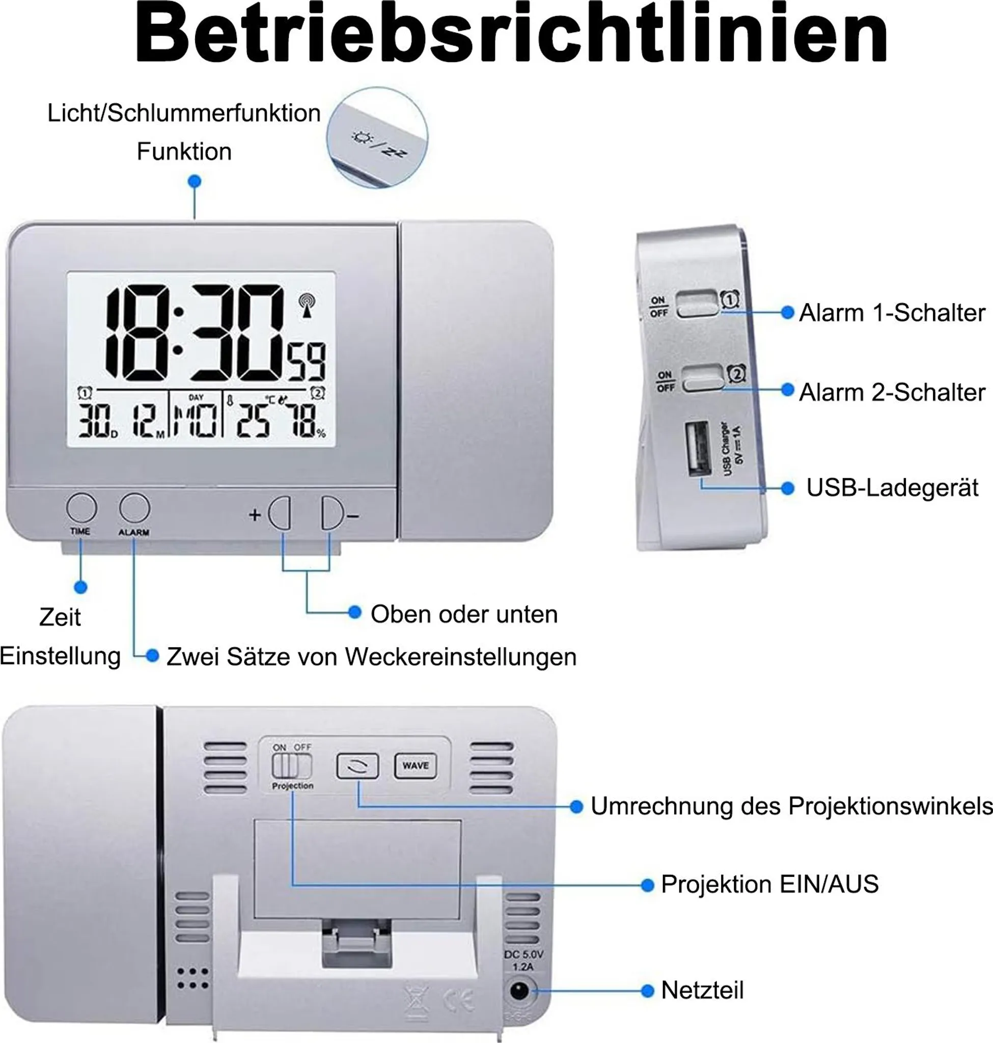 Digitale Uhr mit Weckerfunktion, Datum, Temperatur und Luftfeuchtigkeit.