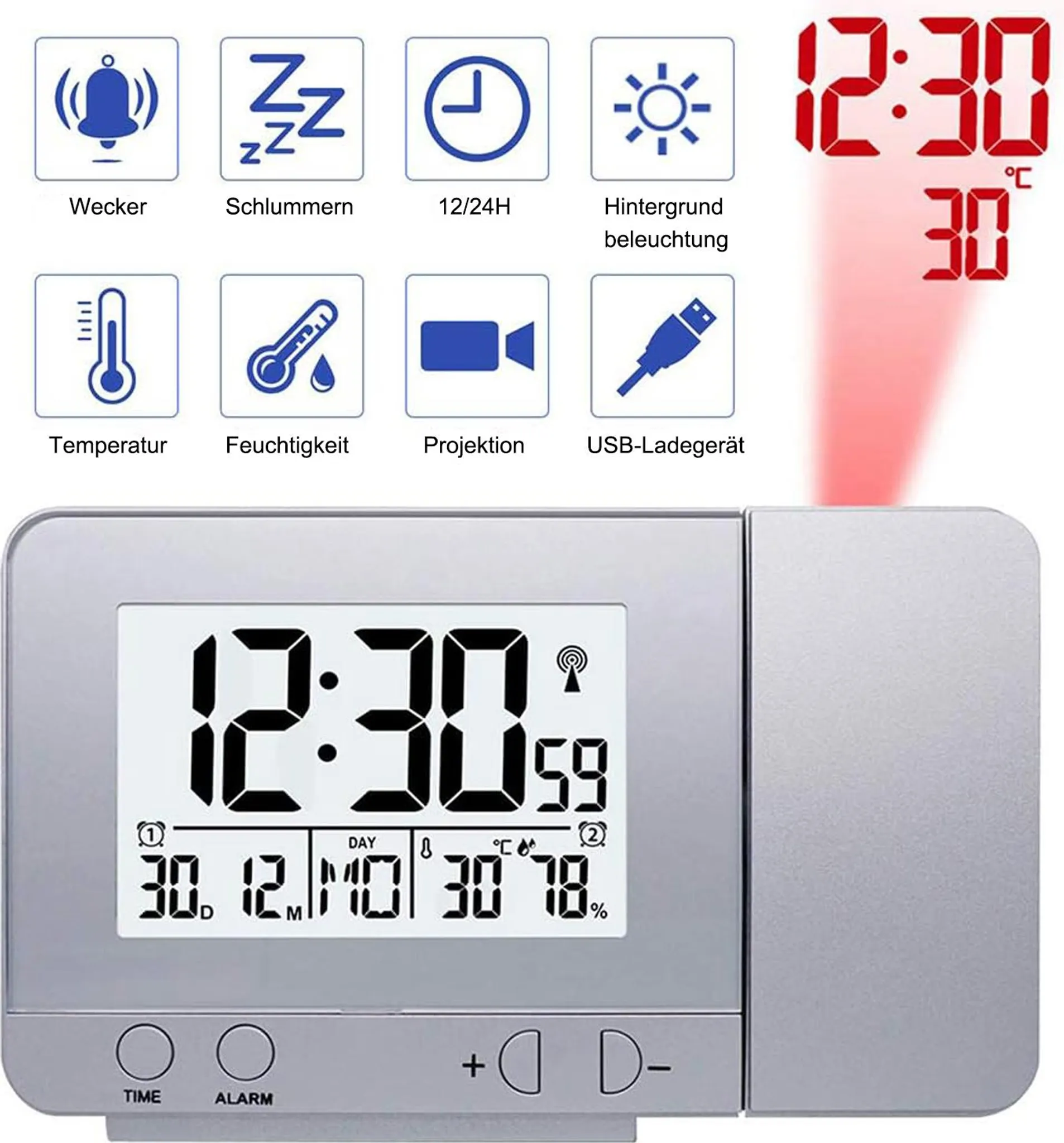 Digitaluhr mit Projektion von Zeit, Datum, Temperatur und Luftfeuchtigkeit.