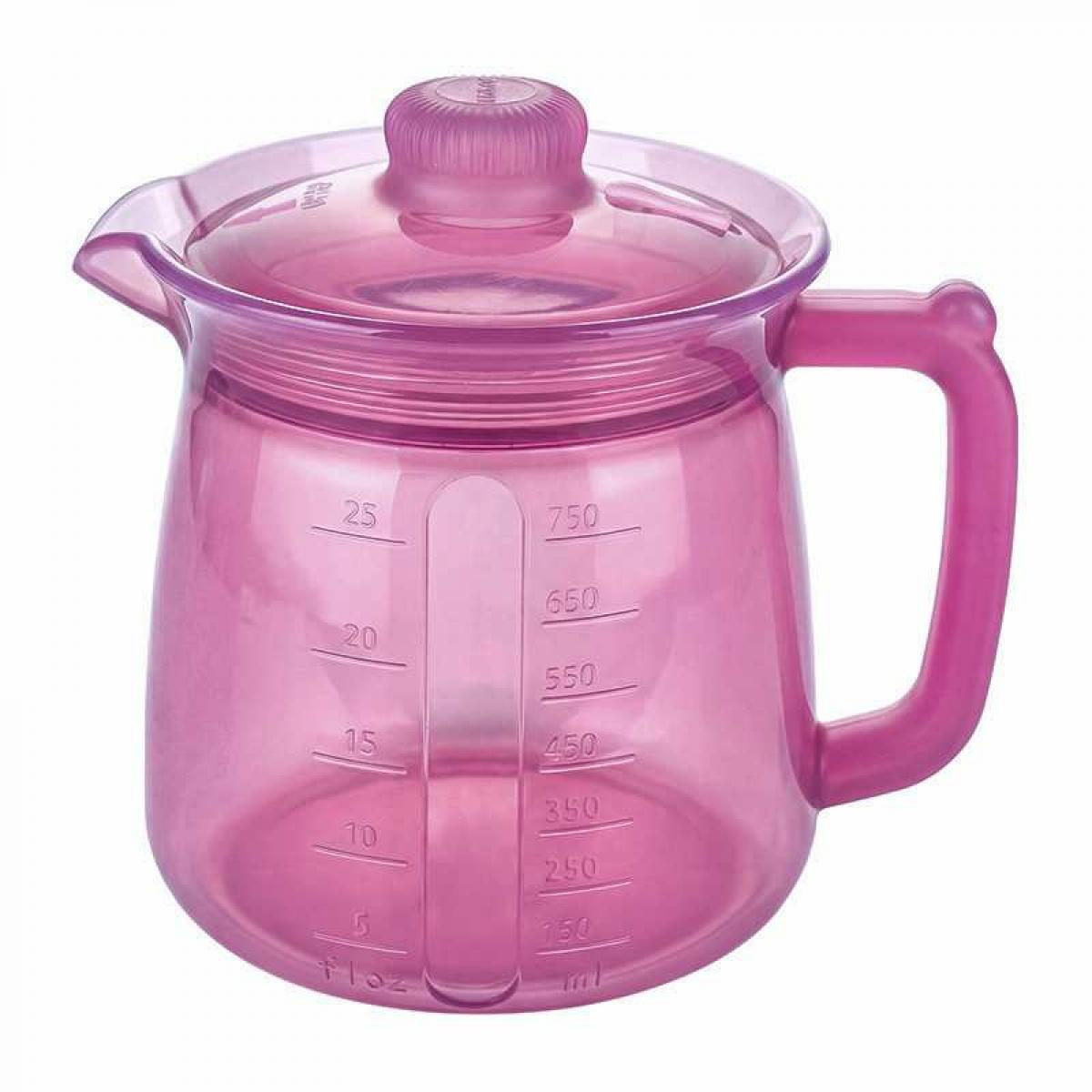 Ein pinker Messbecher mit Deckel und Griff, mit ml- und oz-Markierungen.