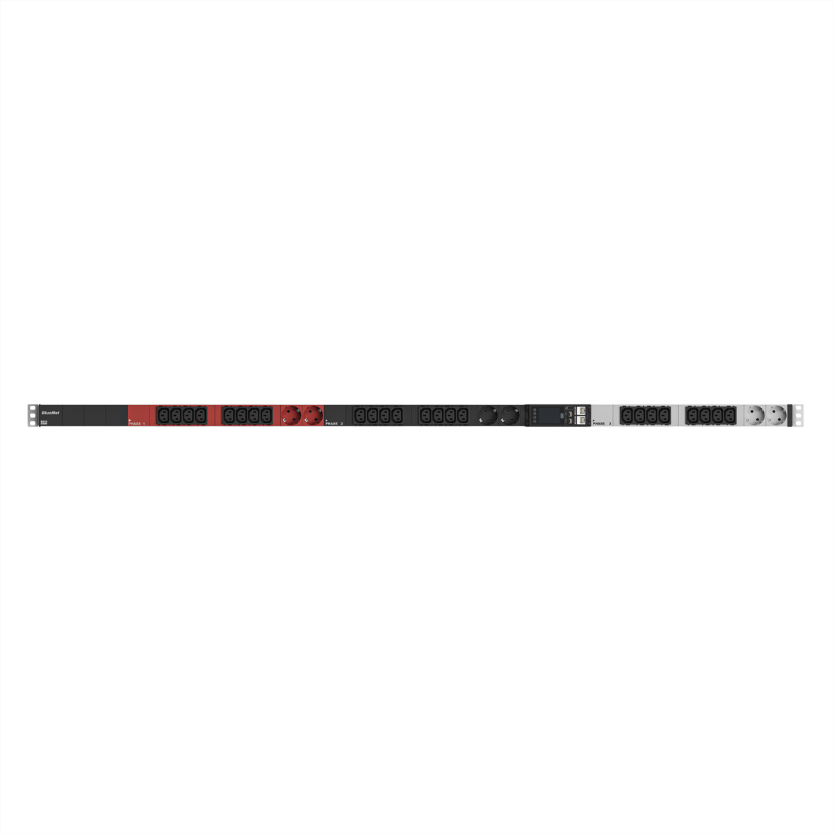 Rack-PDU mit mehreren Steckdosen, rote und silberne Abschnitte, beschriftete Phasen.