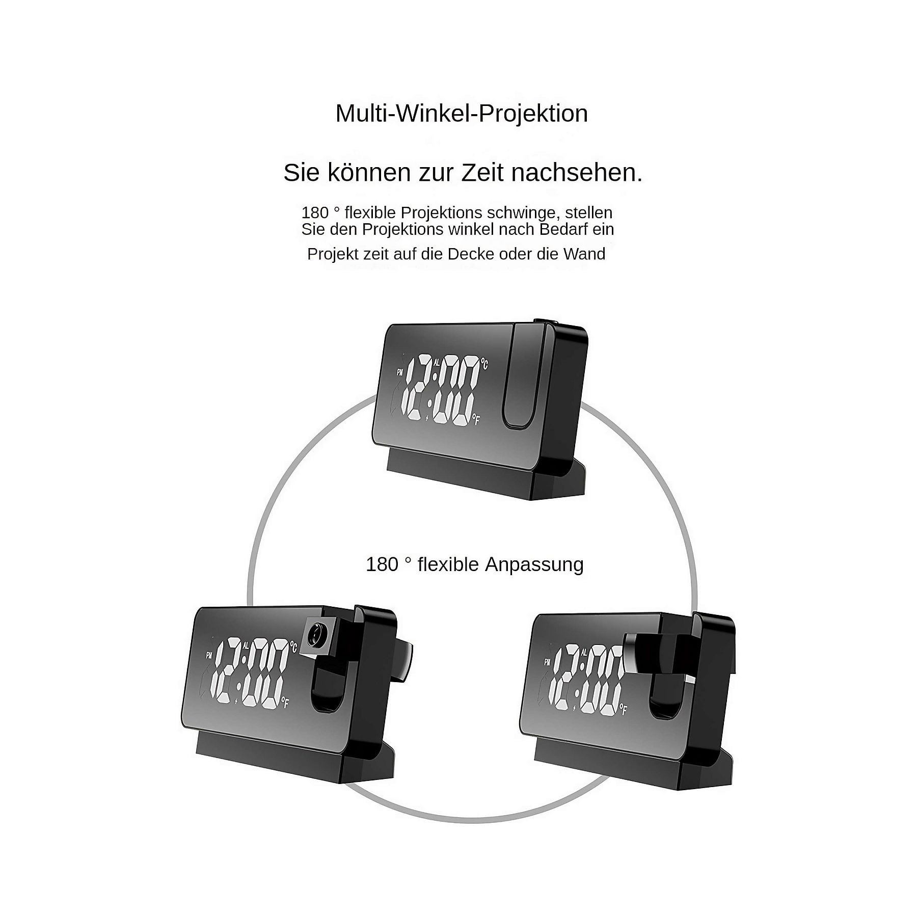 Ein schwarzer Projektionswecker mit digitaler Anzeige 12:00 Uhr, dreimal dargestellt.