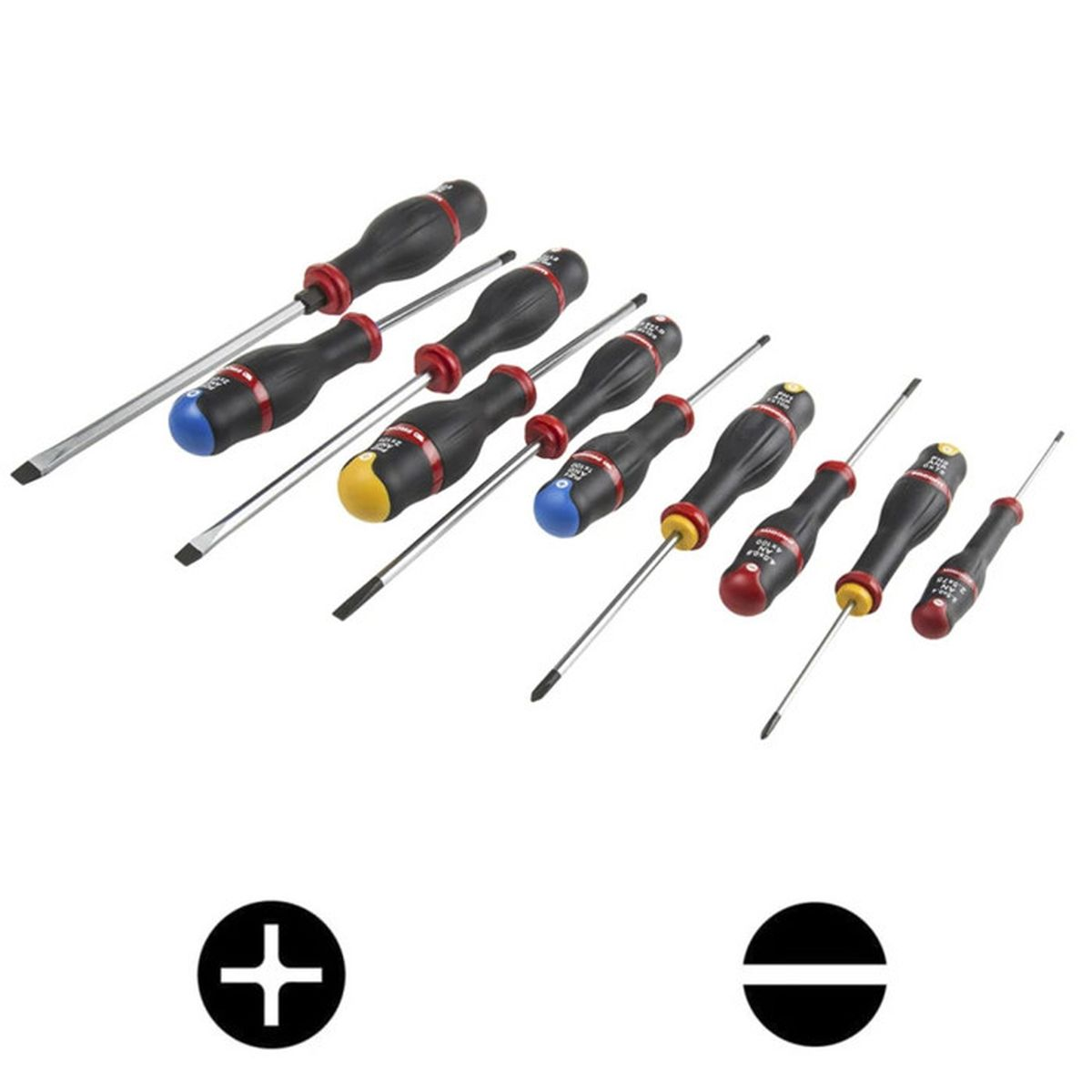 A set of screwdrivers with black handles and red accents, on a white background.