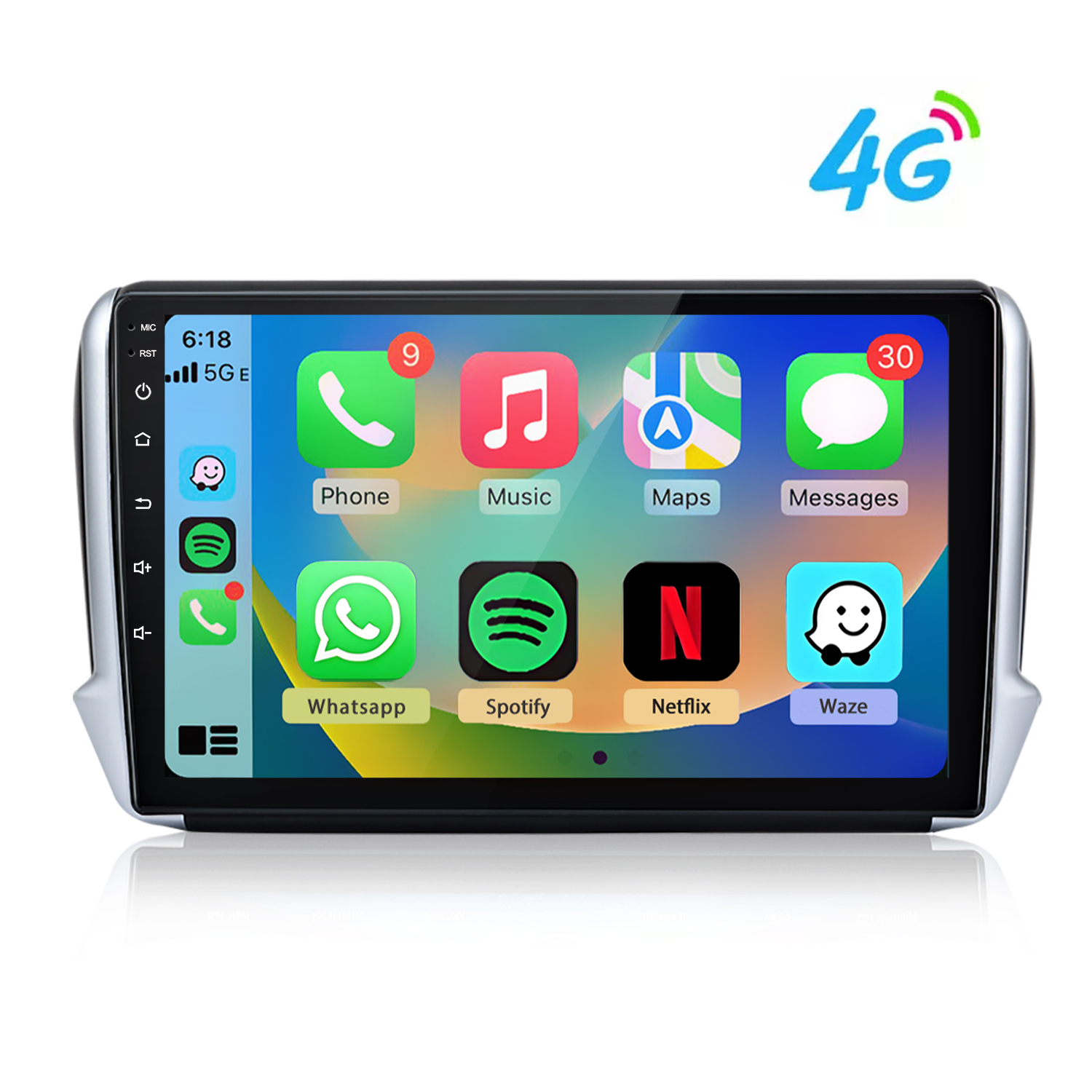 Infotainment-Bildschirm im Auto mit Apps wie Telefon, Musik, Karten, Nachrichten, WhatsApp, Spotify, Netflix, Waze. 4G-Symbol.