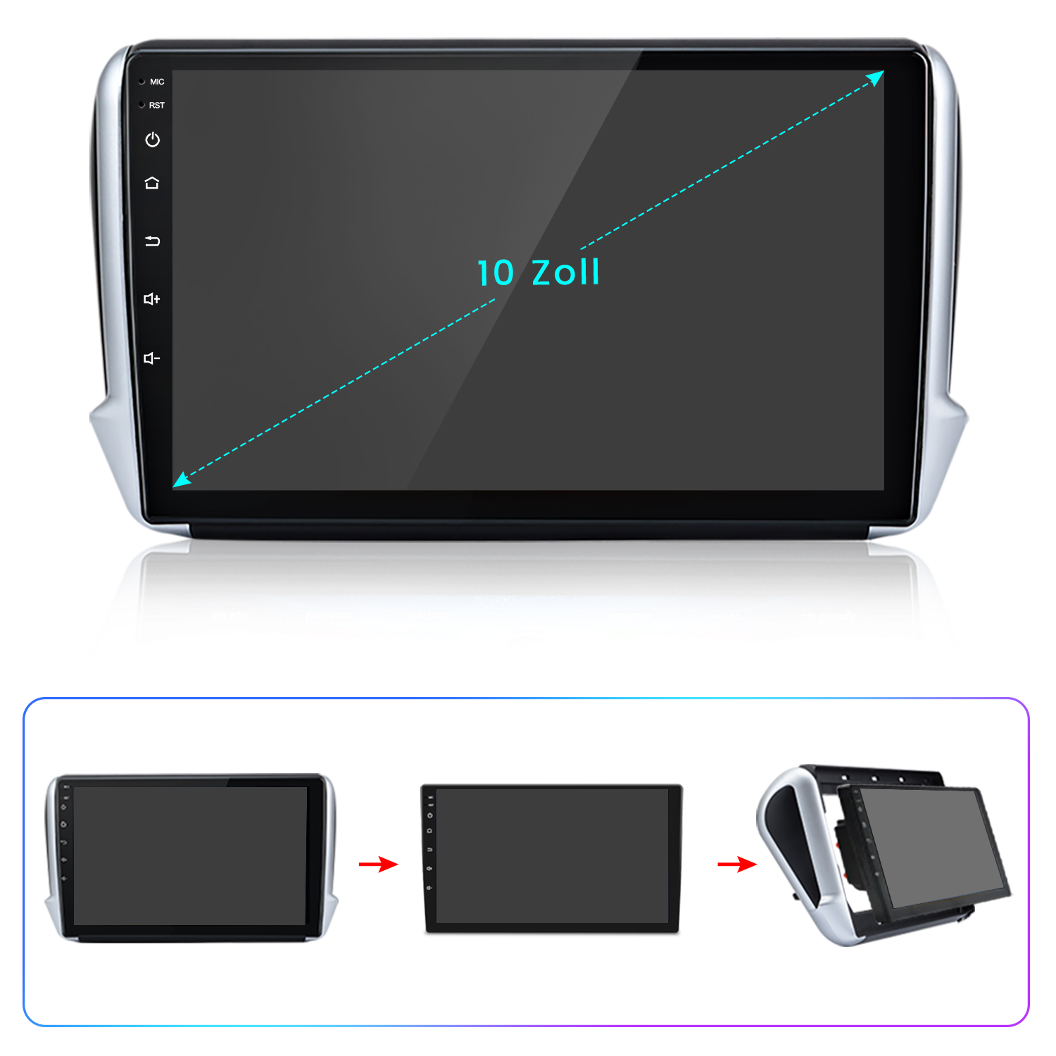 Ein 10-Zoll-Autoradio-Bildschirm mit Bedienelementen an der Seite.