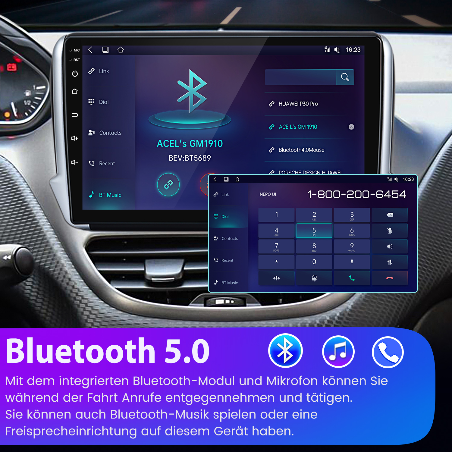 Auto-Infotainment-Bildschirm zeigt Bluetooth-Menü mit Anruftastatur und Gerätenamen.