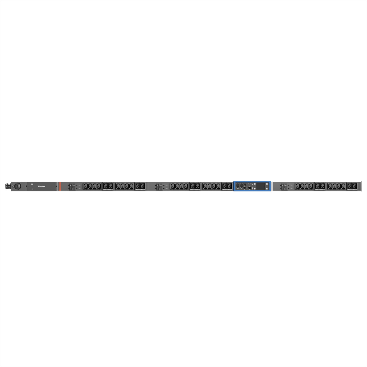 Ein schwarzes Rack-Gerät mit vielen Steckdosen und einem blauen Mittelteil.